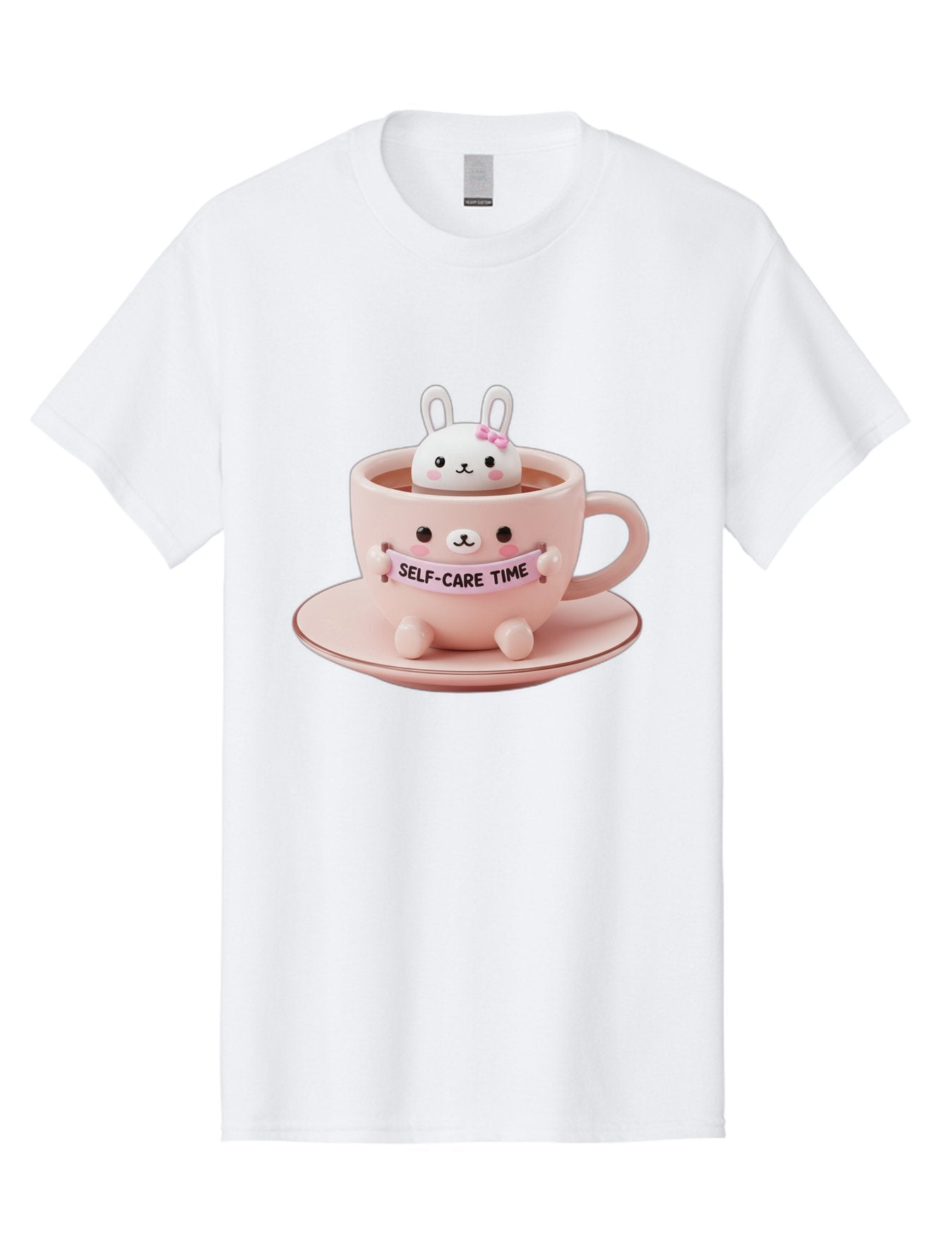 Self-Care-Time Men'S Graphic Tee, 100% Cotton, Comfortable Casual Summer Wear, Machine Washable, Cute Rabbit Figurine, Adorable Design, Self Care, Relaxation, Pastel Colors, Tea Cup, Soothing Atmosphere, Calming Decor, Pink Hues, Bae087 4