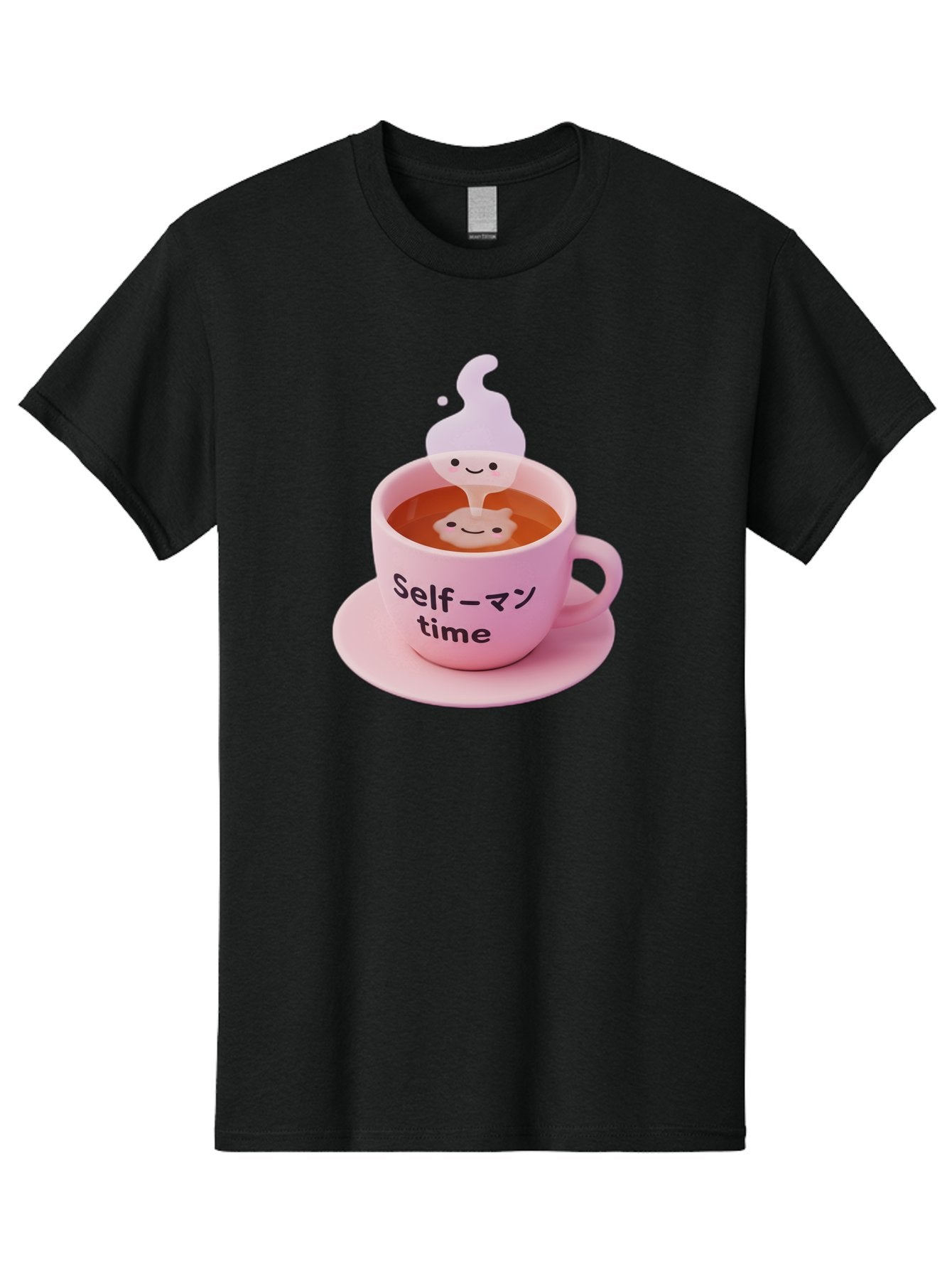 Self-Time Men'S Graphic Tee, 100% Cotton, Comfortable Casual Summer Wear, Machine Washable, Pink Tea Cup, Saucer, Self Care, Relaxation, Mental Wellness, Mindfulness, Cute Figurine, Kawaii, Smiling Face, Tea Time, Serene Atmosphere, Bae088 6