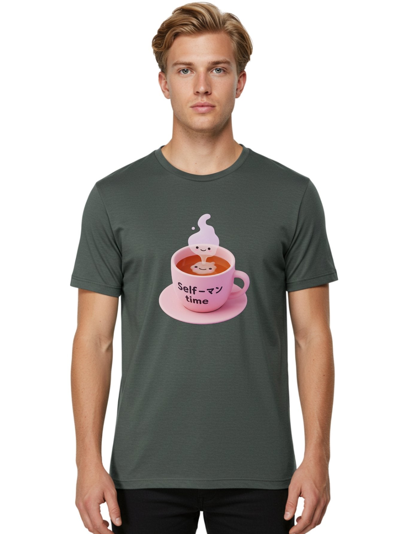 Self-Time Men'S Graphic Tee, 100% Cotton, Comfortable Casual Summer Wear, Machine Washable, Pink Tea Cup, Saucer, Self Care, Relaxation, Mental Wellness, Mindfulness, Cute Figurine, Kawaii, Smiling Face, Tea Time, Serene Atmosphere, Bae088 29