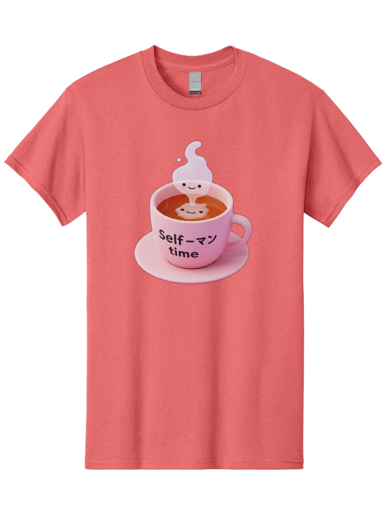 Self-Time Men'S Graphic Tee, 100% Cotton, Comfortable Casual Summer Wear, Machine Washable, Pink Tea Cup, Saucer, Self Care, Relaxation, Mental Wellness, Mindfulness, Cute Figurine, Kawaii, Smiling Face, Tea Time, Serene Atmosphere, Bae088 7