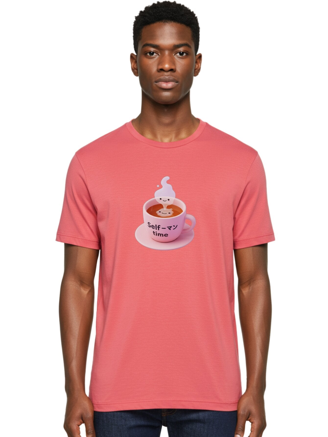 Self-Time Men'S Graphic Tee, 100% Cotton, Comfortable Casual Summer Wear, Machine Washable, Pink Tea Cup, Saucer, Self Care, Relaxation, Mental Wellness, Mindfulness, Cute Figurine, Kawaii, Smiling Face, Tea Time, Serene Atmosphere, Bae088 16