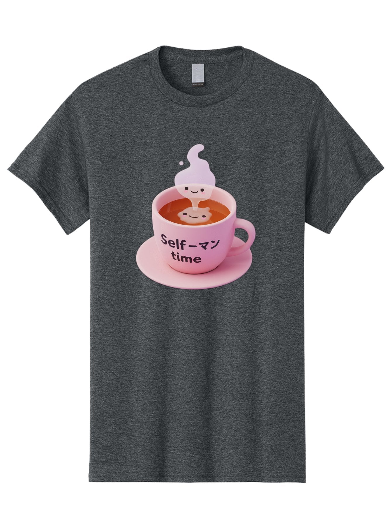 Self-Time Men'S Graphic Tee, 100% Cotton, Comfortable Casual Summer Wear, Machine Washable, Pink Tea Cup, Saucer, Self Care, Relaxation, Mental Wellness, Mindfulness, Cute Figurine, Kawaii, Smiling Face, Tea Time, Serene Atmosphere, Bae088