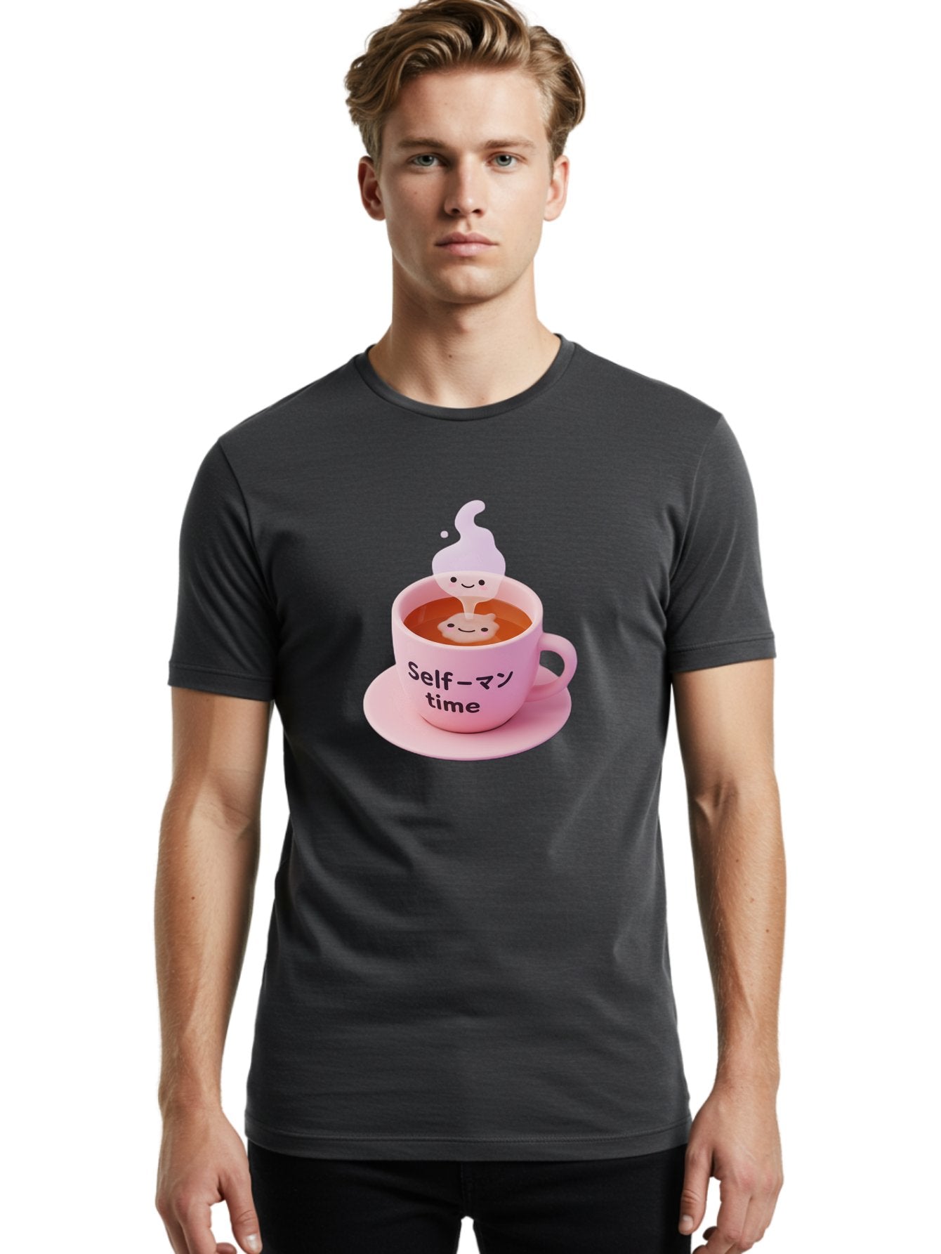 Self-Time Men'S Graphic Tee, 100% Cotton, Comfortable Casual Summer Wear, Machine Washable, Pink Tea Cup, Saucer, Self Care, Relaxation, Mental Wellness, Mindfulness, Cute Figurine, Kawaii, Smiling Face, Tea Time, Serene Atmosphere, Bae088 19