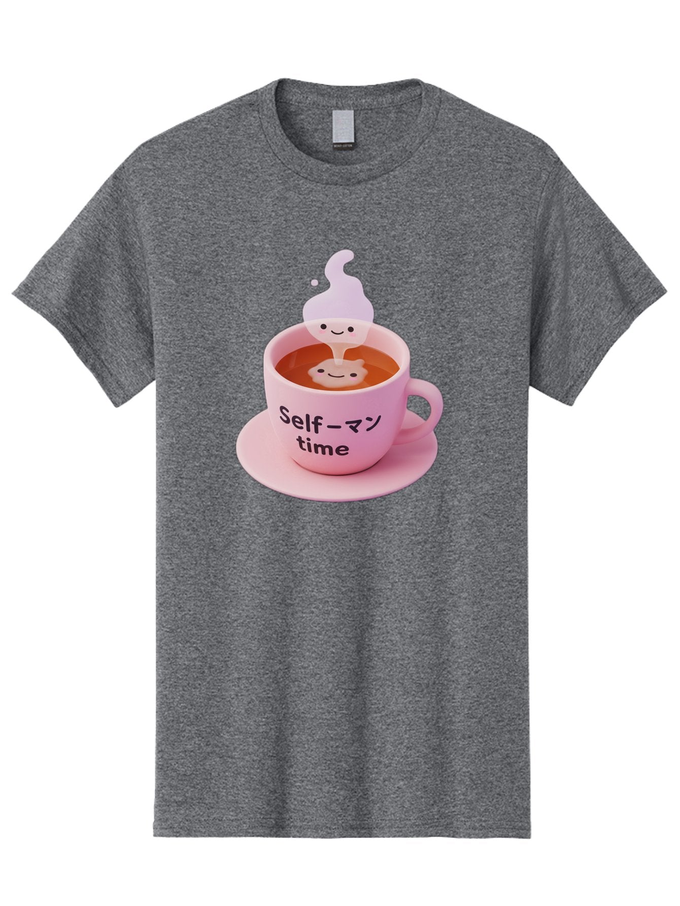 Self-Time Men'S Graphic Tee, 100% Cotton, Comfortable Casual Summer Wear, Machine Washable, Pink Tea Cup, Saucer, Self Care, Relaxation, Mental Wellness, Mindfulness, Cute Figurine, Kawaii, Smiling Face, Tea Time, Serene Atmosphere, Bae088 15