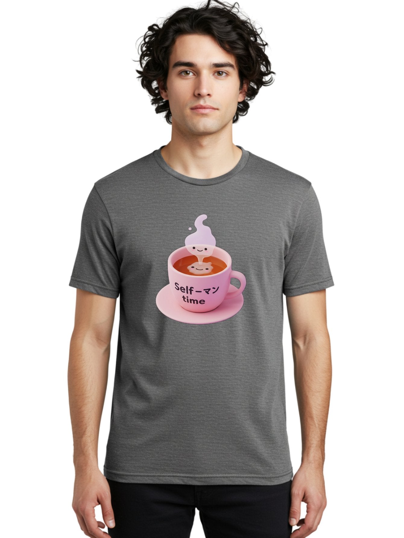 Self-Time Men'S Graphic Tee, 100% Cotton, Comfortable Casual Summer Wear, Machine Washable, Pink Tea Cup, Saucer, Self Care, Relaxation, Mental Wellness, Mindfulness, Cute Figurine, Kawaii, Smiling Face, Tea Time, Serene Atmosphere, Bae088 30