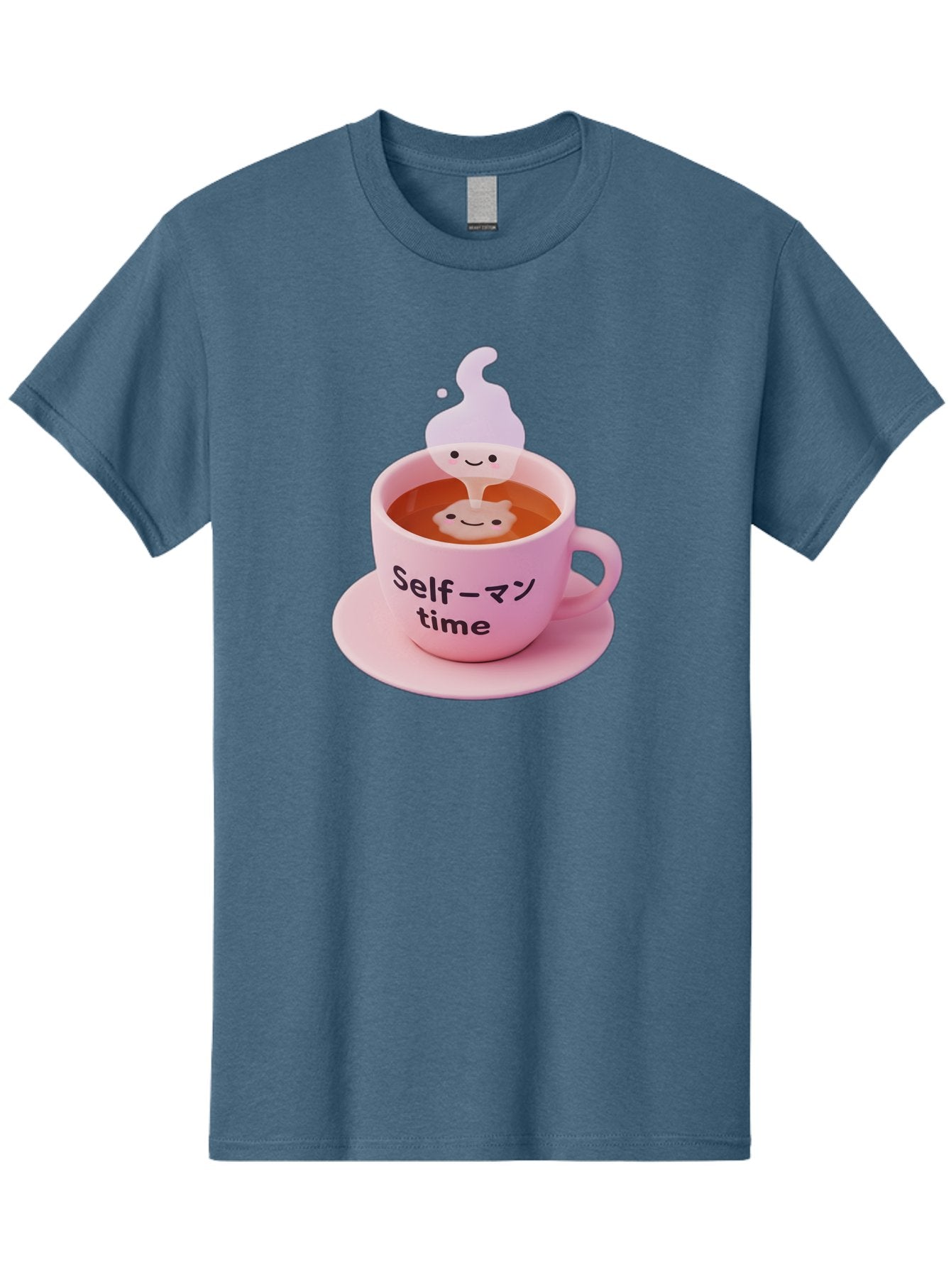 Self-Time Men'S Graphic Tee, 100% Cotton, Comfortable Casual Summer Wear, Machine Washable, Pink Tea Cup, Saucer, Self Care, Relaxation, Mental Wellness, Mindfulness, Cute Figurine, Kawaii, Smiling Face, Tea Time, Serene Atmosphere, Bae088 13