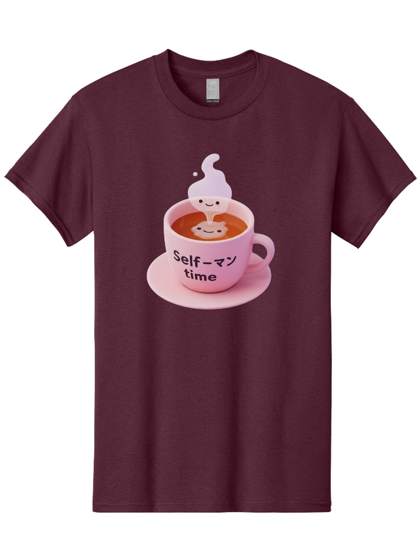 Self-Time Men'S Graphic Tee, 100% Cotton, Comfortable Casual Summer Wear, Machine Washable, Pink Tea Cup, Saucer, Self Care, Relaxation, Mental Wellness, Mindfulness, Cute Figurine, Kawaii, Smiling Face, Tea Time, Serene Atmosphere, Bae088 10