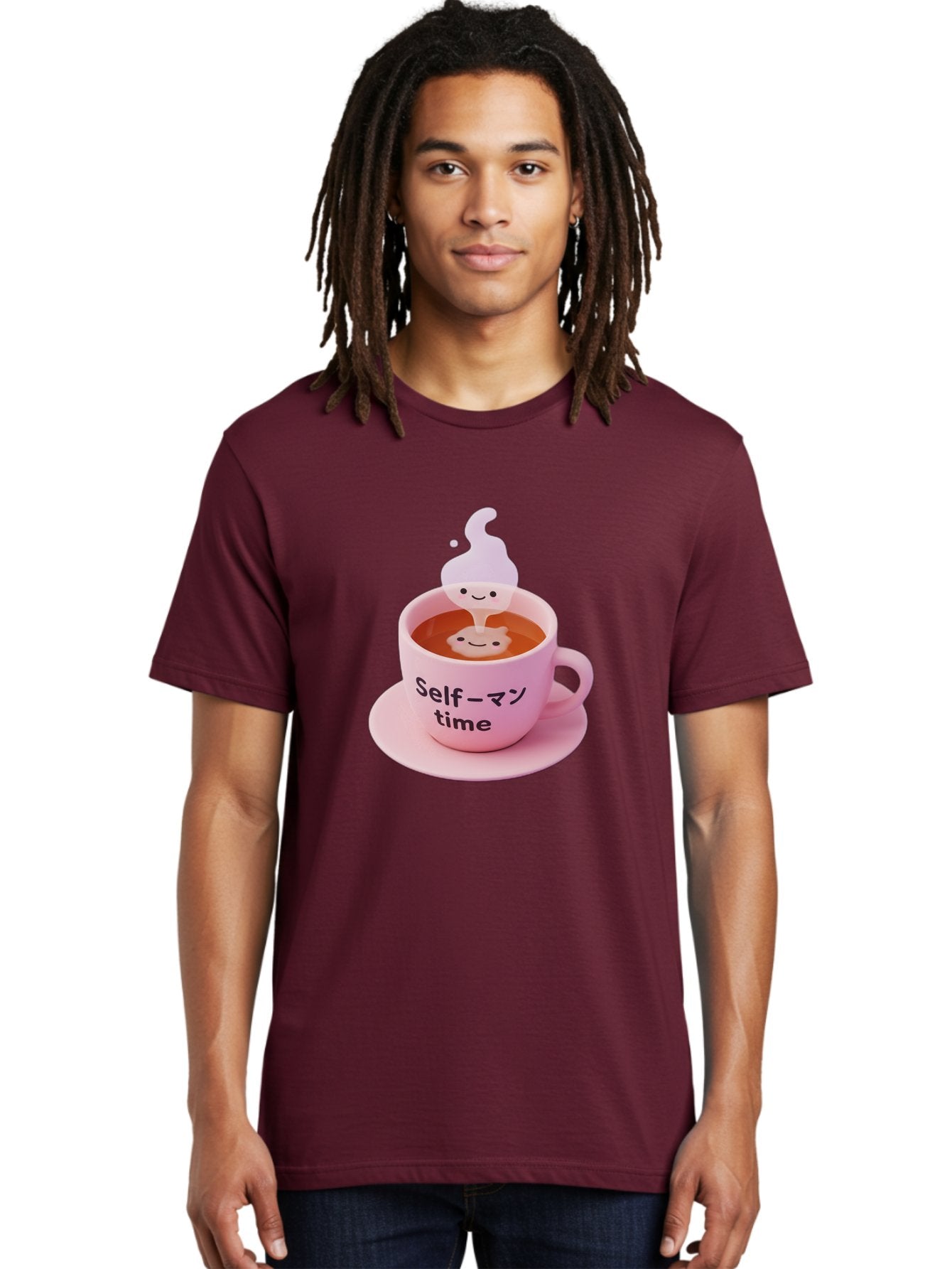 Self-Time Men'S Graphic Tee, 100% Cotton, Comfortable Casual Summer Wear, Machine Washable, Pink Tea Cup, Saucer, Self Care, Relaxation, Mental Wellness, Mindfulness, Cute Figurine, Kawaii, Smiling Face, Tea Time, Serene Atmosphere, Bae088 17
