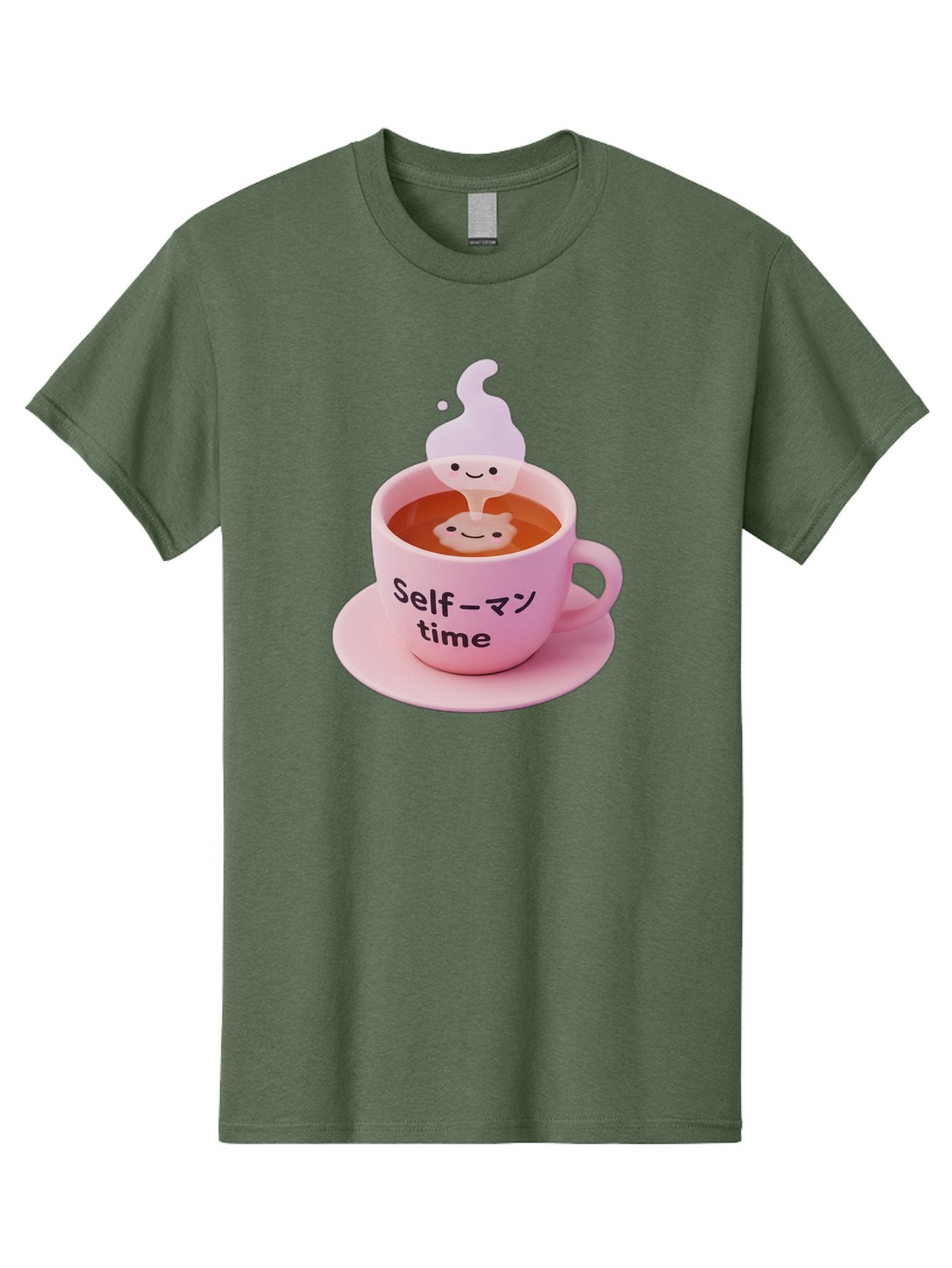 Self-Time Men'S Graphic Tee, 100% Cotton, Comfortable Casual Summer Wear, Machine Washable, Pink Tea Cup, Saucer, Self Care, Relaxation, Mental Wellness, Mindfulness, Cute Figurine, Kawaii, Smiling Face, Tea Time, Serene Atmosphere, Bae088 3