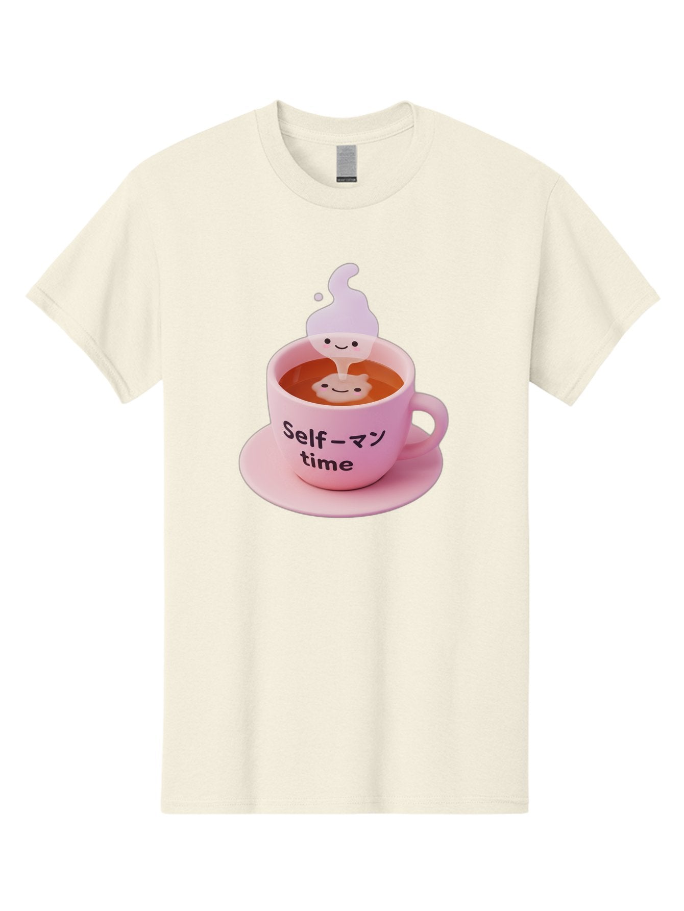 Self-Time Men'S Graphic Tee, 100% Cotton, Comfortable Casual Summer Wear, Machine Washable, Pink Tea Cup, Saucer, Self Care, Relaxation, Mental Wellness, Mindfulness, Cute Figurine, Kawaii, Smiling Face, Tea Time, Serene Atmosphere, Bae088 11