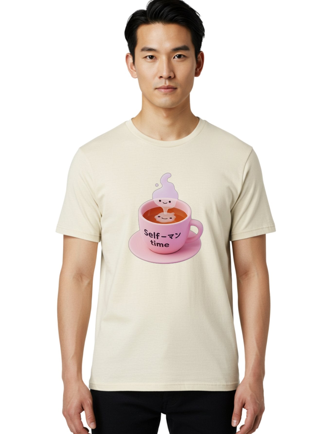 Self-Time Men'S Graphic Tee, 100% Cotton, Comfortable Casual Summer Wear, Machine Washable, Pink Tea Cup, Saucer, Self Care, Relaxation, Mental Wellness, Mindfulness, Cute Figurine, Kawaii, Smiling Face, Tea Time, Serene Atmosphere, Bae088 27