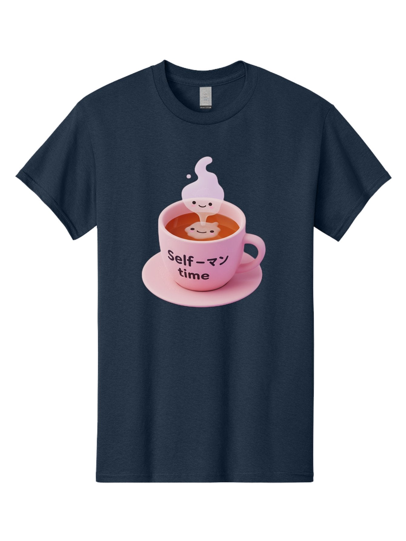 Self-Time Men'S Graphic Tee, 100% Cotton, Comfortable Casual Summer Wear, Machine Washable, Pink Tea Cup, Saucer, Self Care, Relaxation, Mental Wellness, Mindfulness, Cute Figurine, Kawaii, Smiling Face, Tea Time, Serene Atmosphere, Bae088