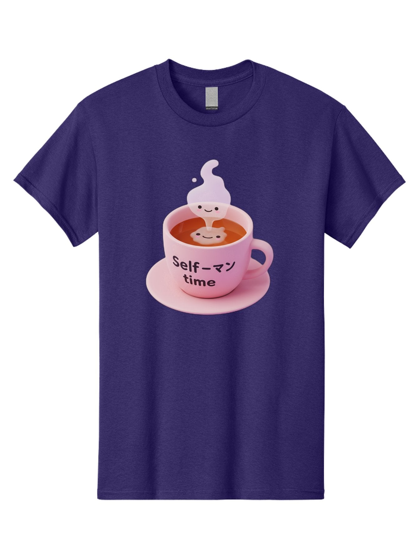 Self-Time Men'S Graphic Tee, 100% Cotton, Comfortable Casual Summer Wear, Machine Washable, Pink Tea Cup, Saucer, Self Care, Relaxation, Mental Wellness, Mindfulness, Cute Figurine, Kawaii, Smiling Face, Tea Time, Serene Atmosphere, Bae088 5