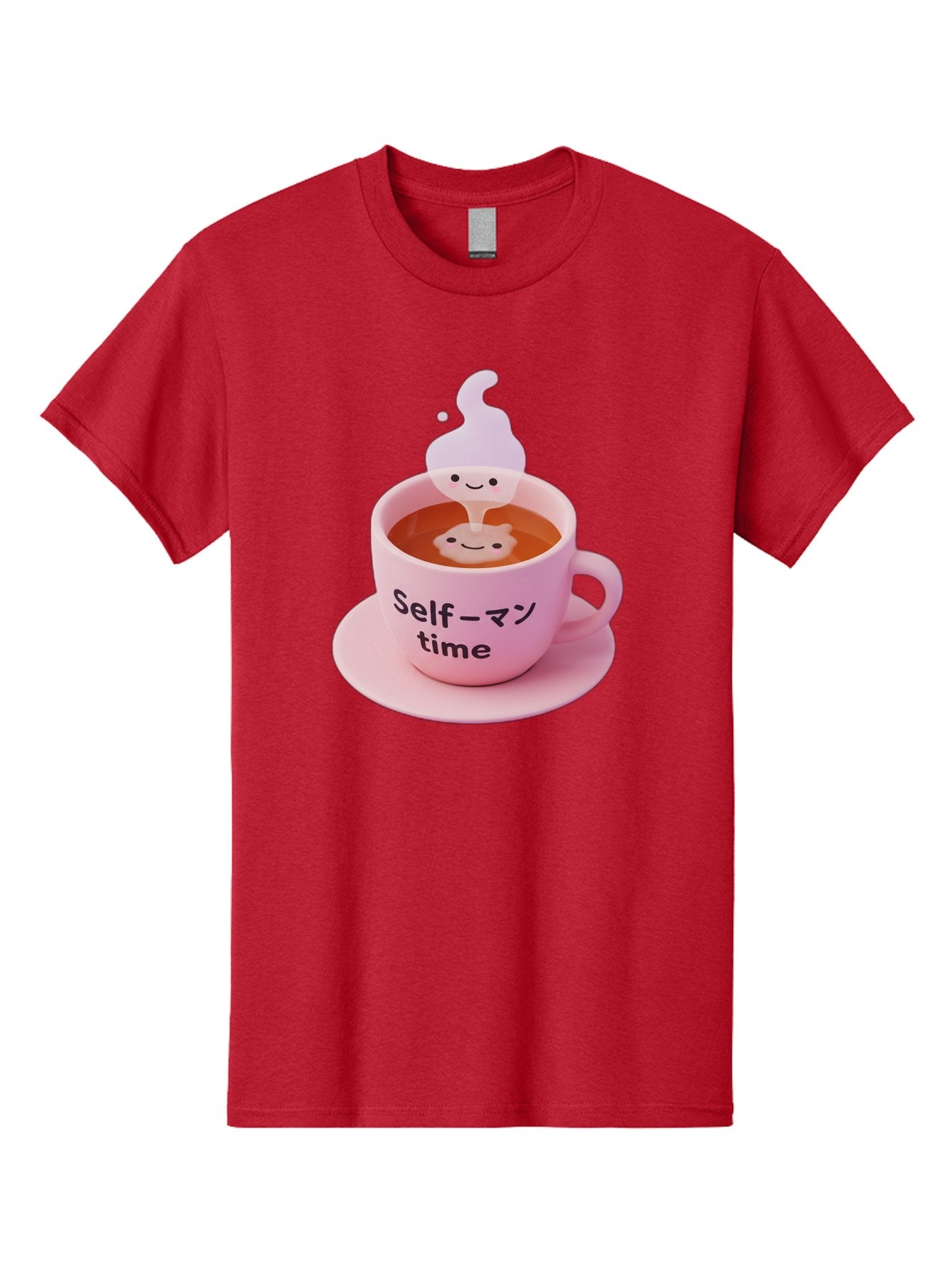 Self-Time Men'S Graphic Tee, 100% Cotton, Comfortable Casual Summer Wear, Machine Washable, Pink Tea Cup, Saucer, Self Care, Relaxation, Mental Wellness, Mindfulness, Cute Figurine, Kawaii, Smiling Face, Tea Time, Serene Atmosphere, Bae088 12