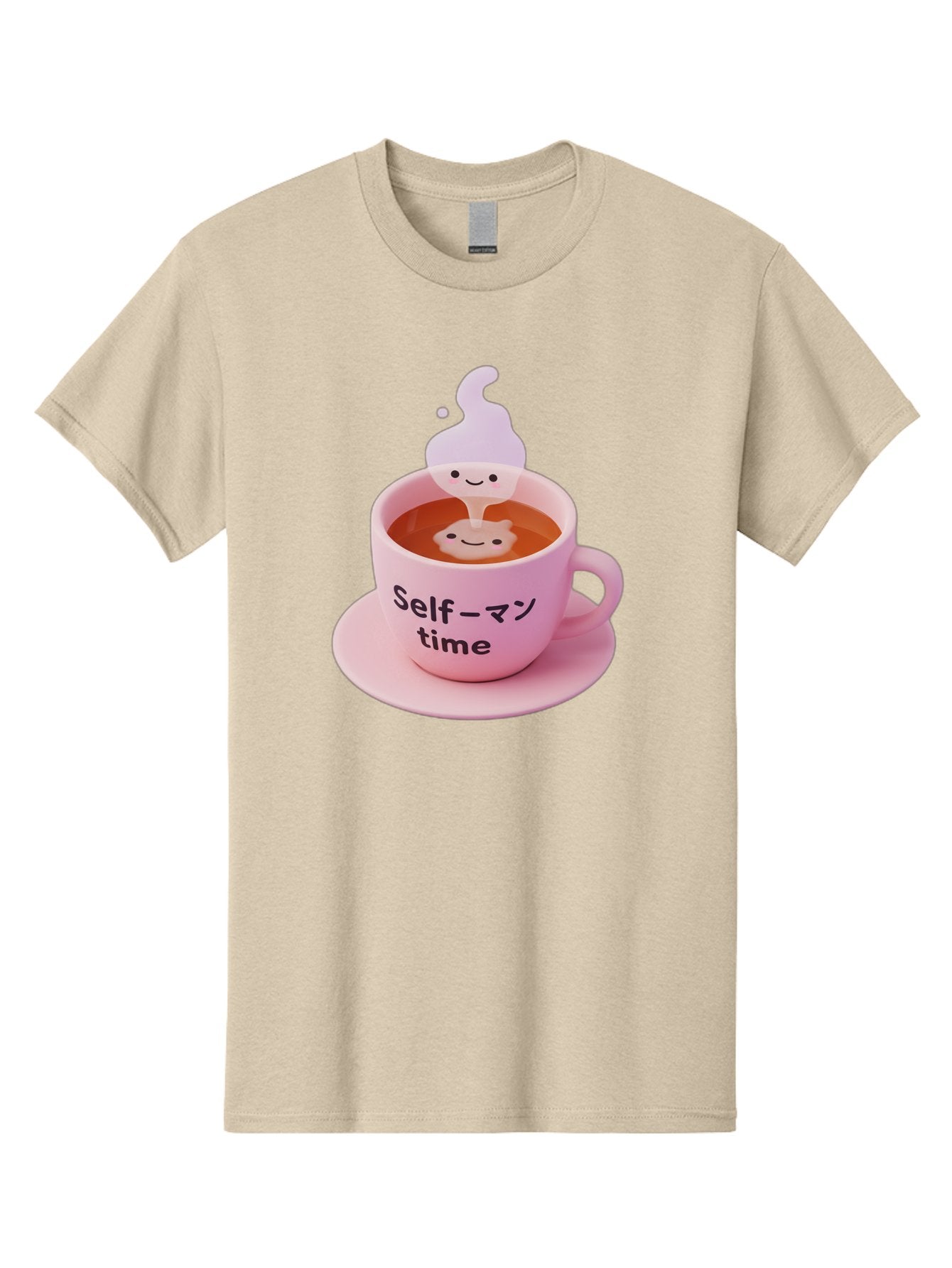 Self-Time Men'S Graphic Tee, 100% Cotton, Comfortable Casual Summer Wear, Machine Washable, Pink Tea Cup, Saucer, Self Care, Relaxation, Mental Wellness, Mindfulness, Cute Figurine, Kawaii, Smiling Face, Tea Time, Serene Atmosphere, Bae088 4
