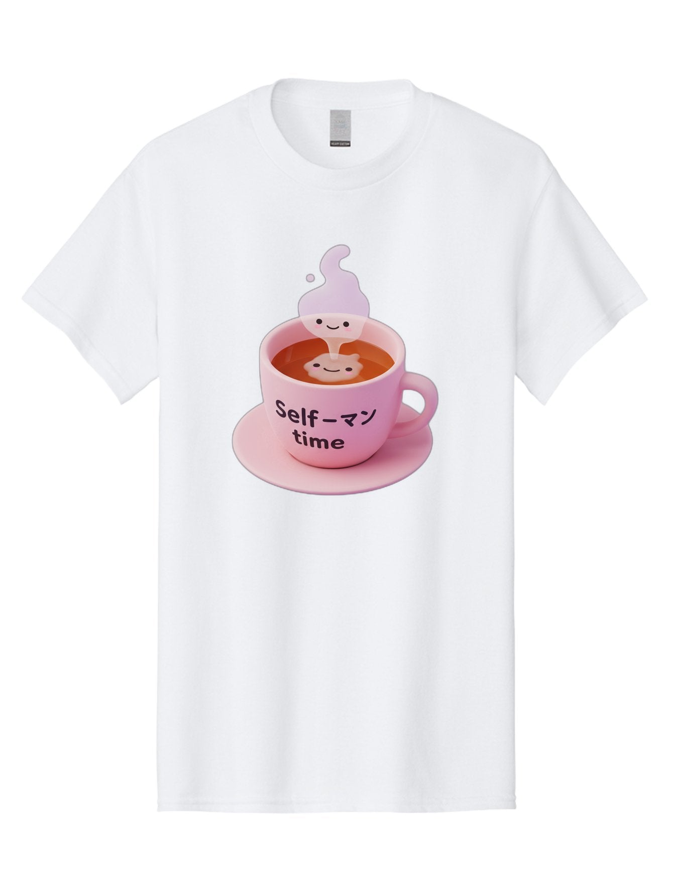Self-Time Men'S Graphic Tee, 100% Cotton, Comfortable Casual Summer Wear, Machine Washable, Pink Tea Cup, Saucer, Self Care, Relaxation, Mental Wellness, Mindfulness, Cute Figurine, Kawaii, Smiling Face, Tea Time, Serene Atmosphere, Bae088 9