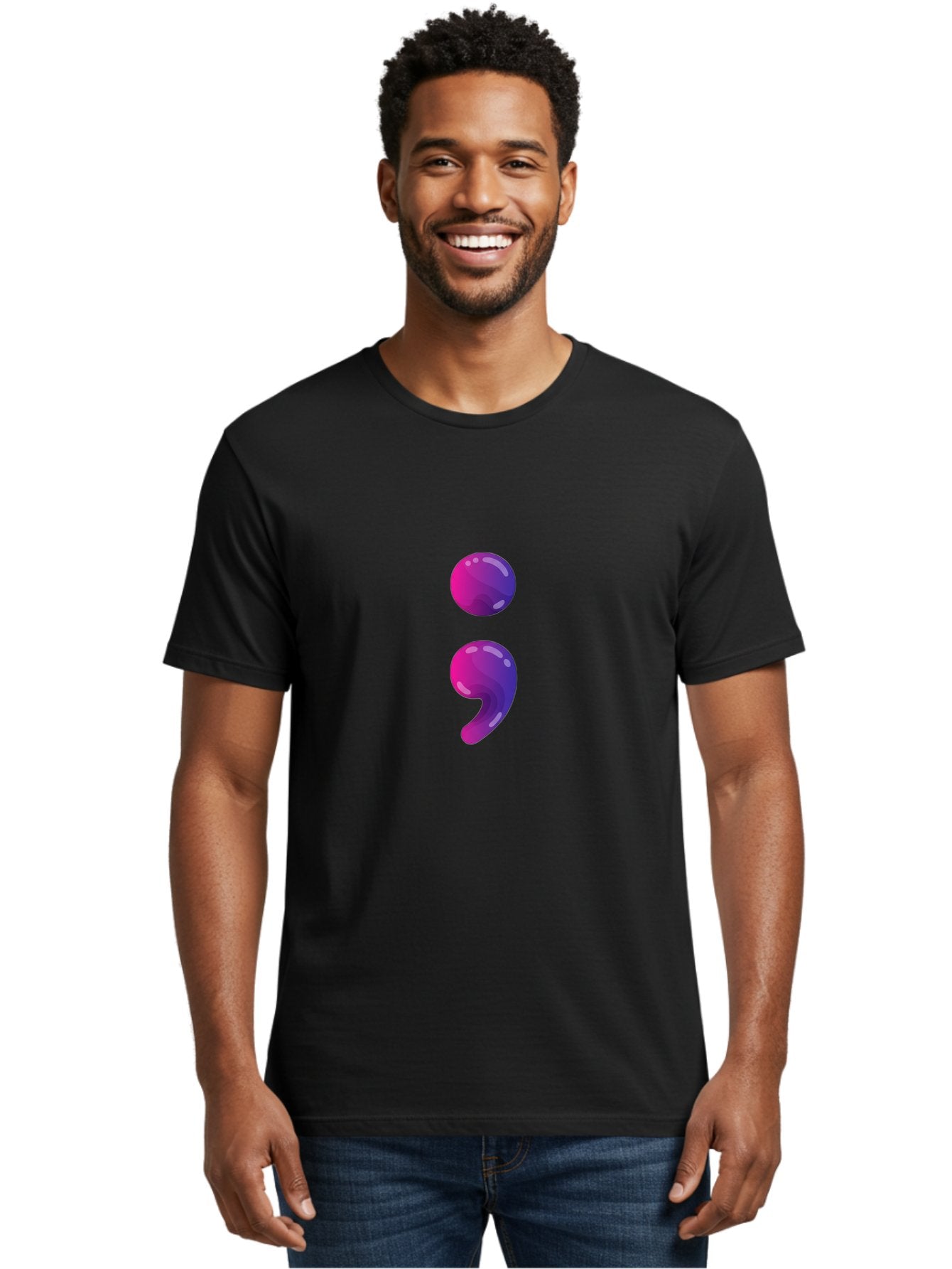 Semicolon-2 Men'S Graphic Tee, 100% Cotton, Comfortable Casual Summer Wear, Machine Washable, Colon And Semicolon Symbol, Punctuation Marks, Shiny Effect, Purple Gradient, Digital Illustration, Creative Typography, Syntax Elements Bae090 26