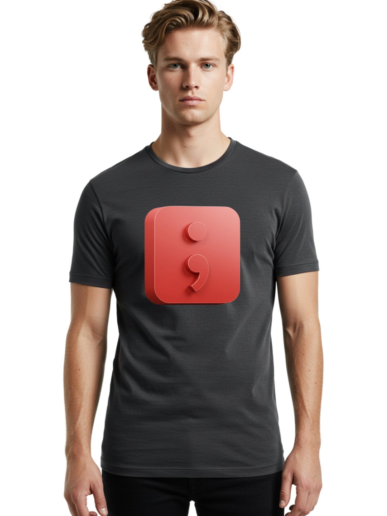 Semicolon-5 Men'S Graphic Tee, 100% Cotton, Comfortable Casual Summer Wear, Machine Washable, Semicolon Punctuation Mark, Red Icon, 3D Design, Symbol, Grammar, Writing, Language, Punctuation Symbol, Typography Bae093 26