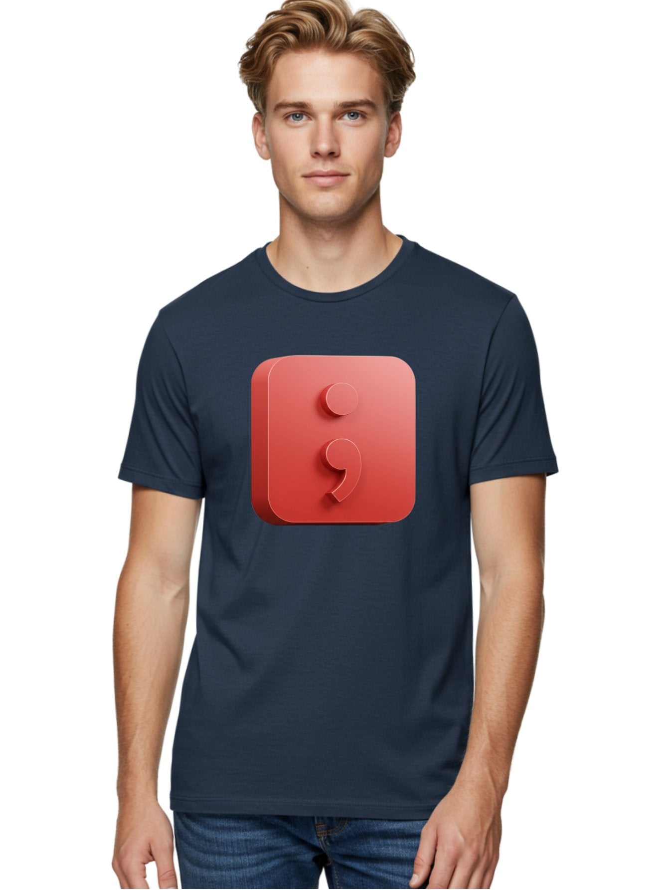 Semicolon-5 Men'S Graphic Tee, 100% Cotton, Comfortable Casual Summer Wear, Machine Washable, Semicolon Punctuation Mark, Red Icon, 3D Design, Symbol, Grammar, Writing, Language, Punctuation Symbol, Typography Bae093 24
