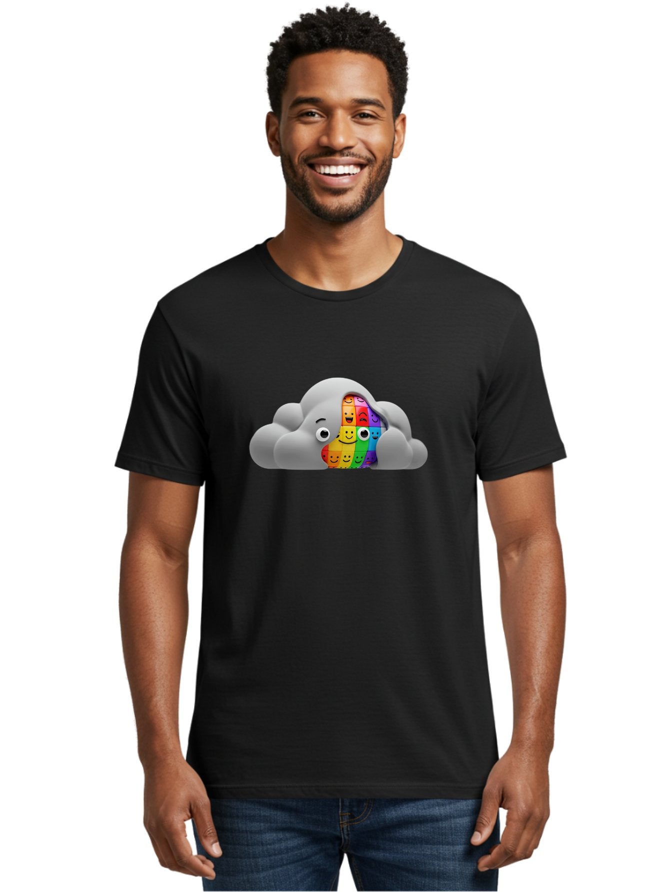 Smiley-Cloud Men'S Graphic Tee, 100% Cotton, Comfortable Casual Summer Wear, Machine Washable, Cartoon Cloud, Emoticon Grid, Diverse Emotions, Emotional Expression, Facial Expressions, Colorful, Emoticons, Rainbow Colors, Mental Health, Bae099 18