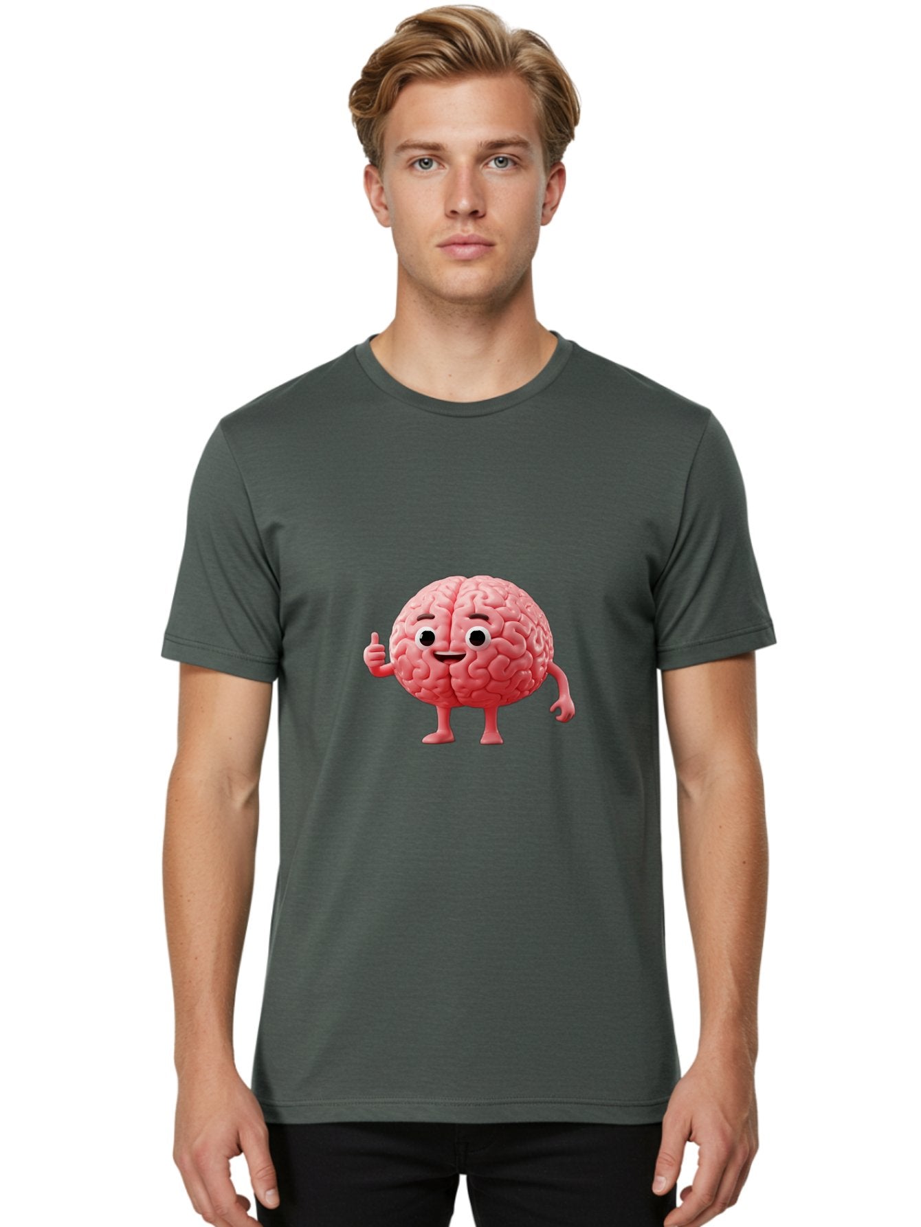 Smiling-Brain Men'S Graphic Tee, 100% Cotton, Comfortable Casual Summer Wear, Machine Washable, Cartoon Brain Character, Human Brain, Funny Illustration, Brain With Face, Thumbs Up Gesture, Smiling Brain, Cognitive Humor, Human Anatomy, Bae101 30