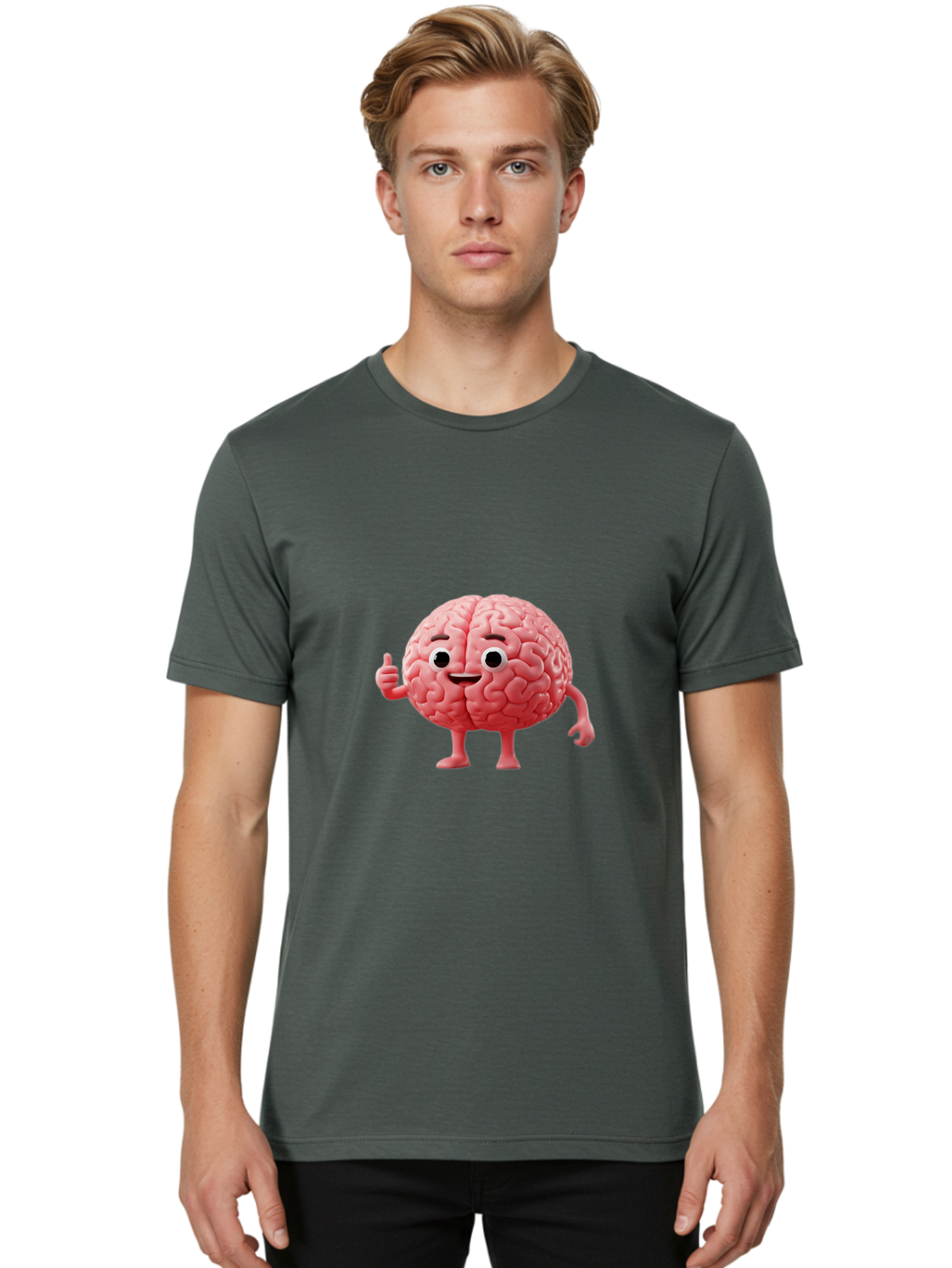 Smiling-Brain Men'S Graphic Tee, 100% Cotton, Comfortable Casual Summer Wear, Machine Washable, Cartoon Brain Character, Human Brain, Funny Illustration, Brain With Face, Thumbs Up Gesture, Smiling Brain, Cognitive Humor, Human Anatomy, Bae101 16