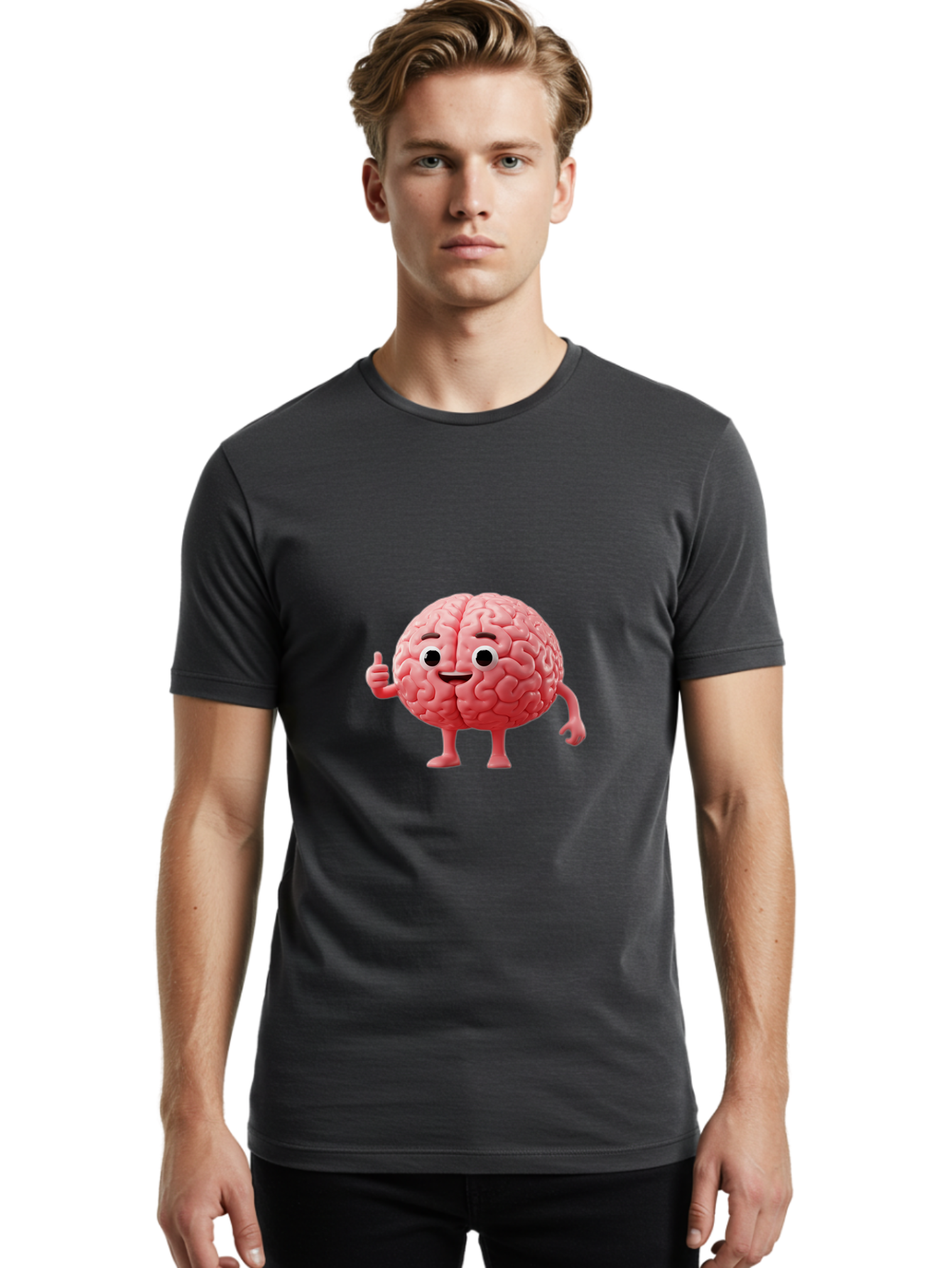 Smiling-Brain Men'S Graphic Tee, 100% Cotton, Comfortable Casual Summer Wear, Machine Washable, Cartoon Brain Character, Human Brain, Funny Illustration, Brain With Face, Thumbs Up Gesture, Smiling Brain, Cognitive Humor, Human Anatomy, Bae101 18