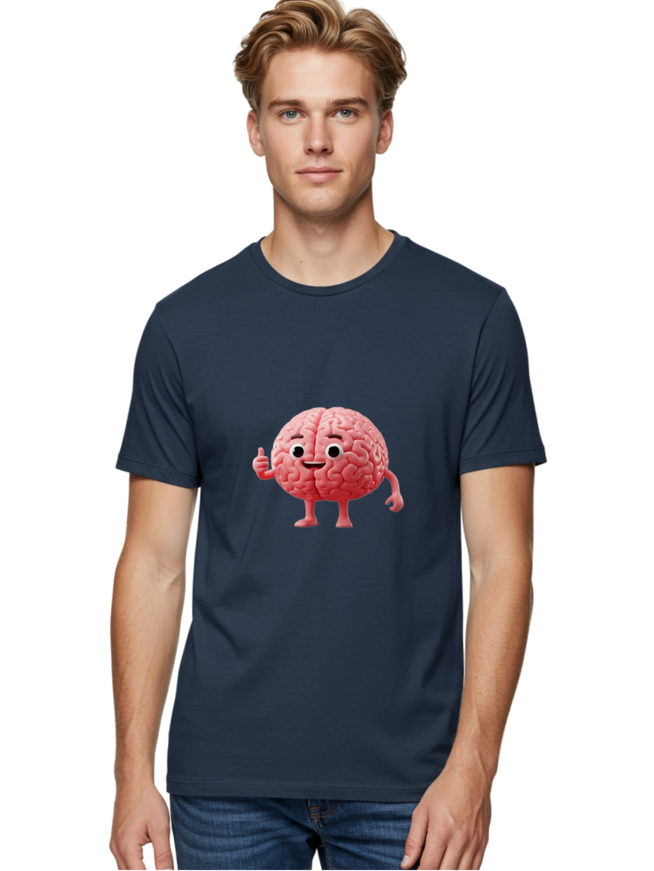 Smiling-Brain Men'S Graphic Tee, 100% Cotton, Comfortable Casual Summer Wear, Machine Washable, Cartoon Brain Character, Human Brain, Funny Illustration, Brain With Face, Thumbs Up Gesture, Smiling Brain, Cognitive Humor, Human Anatomy, Bae101 23