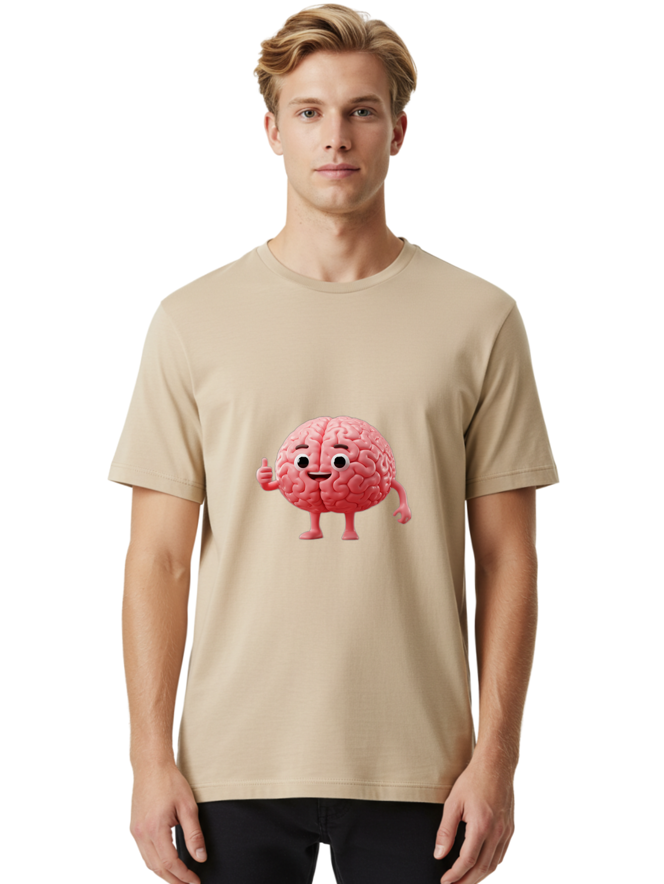 Smiling-Brain Men'S Graphic Tee, 100% Cotton, Comfortable Casual Summer Wear, Machine Washable, Cartoon Brain Character, Human Brain, Funny Illustration, Brain With Face, Thumbs Up Gesture, Smiling Brain, Cognitive Humor, Human Anatomy, Bae101 30