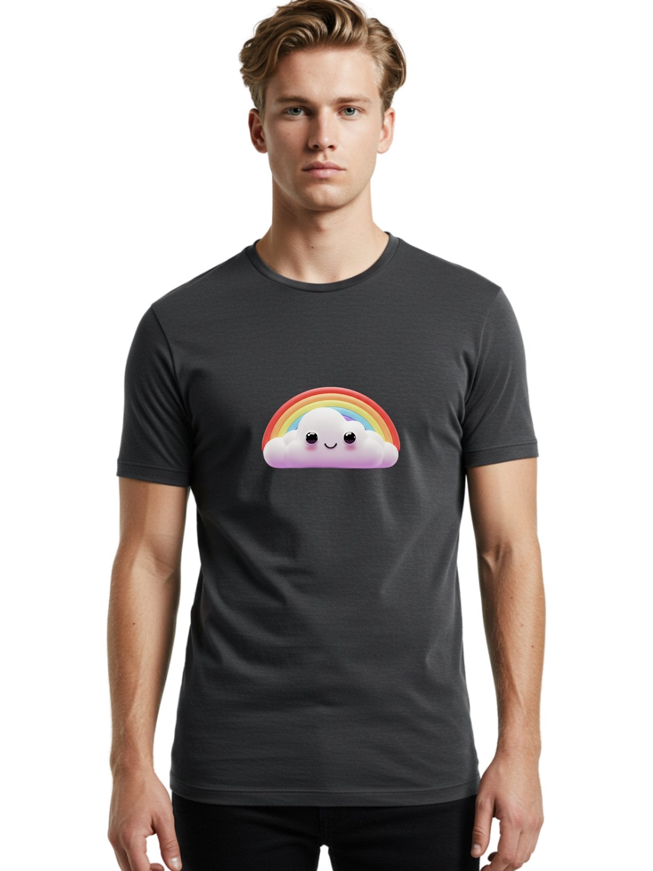 Smiling-Cloud-Rainbow Men'S Graphic Tee, 100% Cotton, Comfortable Casual Summer Wear, Machine Washable, Happy Cloud, Rainbow Colors, Vibrant Illustration, Cute Character, Cartoon Style, Smiling Face, Colorful Graphics, Joyful Atmosphere, Bae102 20