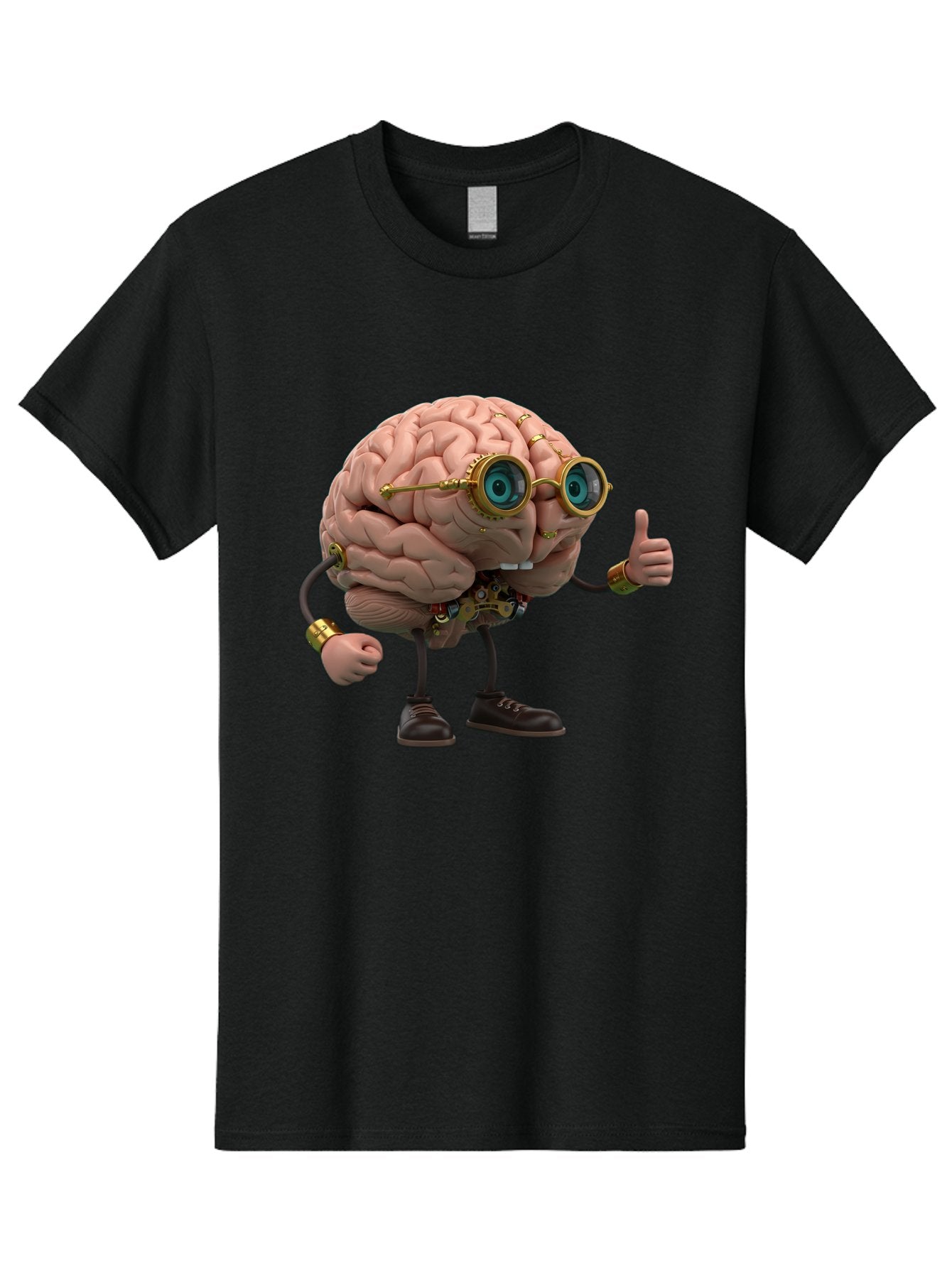 Steampunk-Brain-Character Men'S Graphic Tee, 100% Cotton, Comfortable Casual Summer Wear, Machine Washable, Human Brain With Legs, Brain Character, Steampunk Style, Goggles On Brain, Thumbs Up, Creative Concept, Intelligent Design, Bae104
