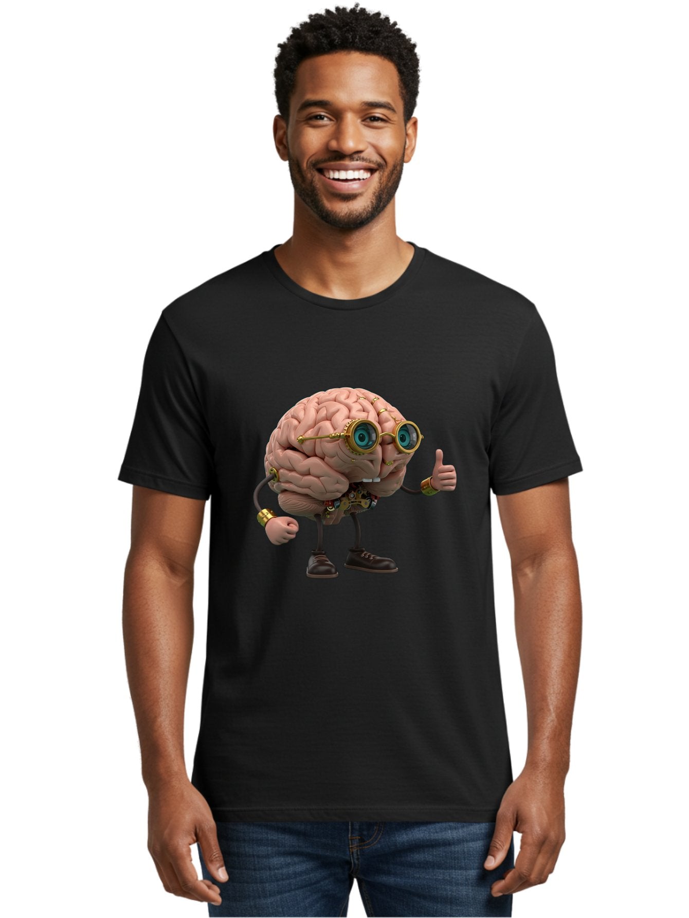 Steampunk-Brain-Character Men'S Graphic Tee, 100% Cotton, Comfortable Casual Summer Wear, Machine Washable, Human Brain With Legs, Brain Character, Steampunk Style, Goggles On Brain, Thumbs Up, Creative Concept, Intelligent Design, Bae104 19