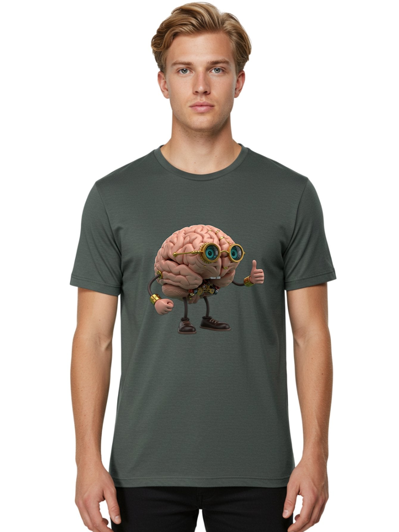 Steampunk-Brain-Character Men'S Graphic Tee, 100% Cotton, Comfortable Casual Summer Wear, Machine Washable, Human Brain With Legs, Brain Character, Steampunk Style, Goggles On Brain, Thumbs Up, Creative Concept, Intelligent Design, Bae104 25