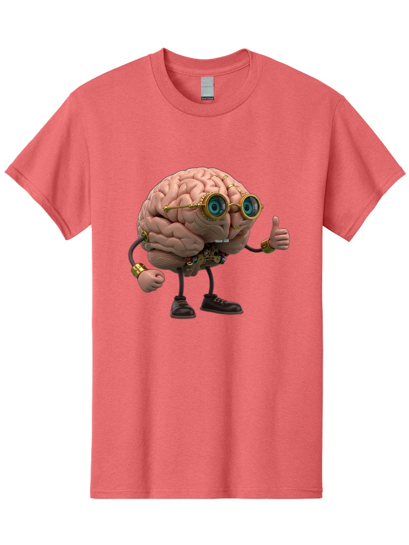 Steampunk-Brain-Character Men'S Graphic Tee, 100% Cotton, Comfortable Casual Summer Wear, Machine Washable, Human Brain With Legs, Brain Character, Steampunk Style, Goggles On Brain, Thumbs Up, Creative Concept, Intelligent Design, Bae104