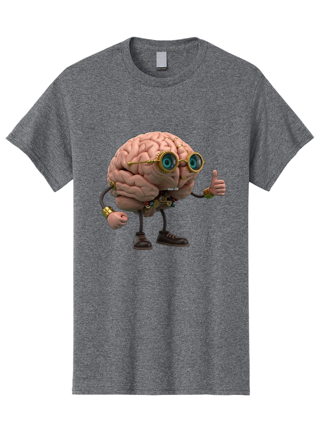 Steampunk-Brain-Character Men'S Graphic Tee, 100% Cotton, Comfortable Casual Summer Wear, Machine Washable, Human Brain With Legs, Brain Character, Steampunk Style, Goggles On Brain, Thumbs Up, Creative Concept, Intelligent Design, Bae104 5