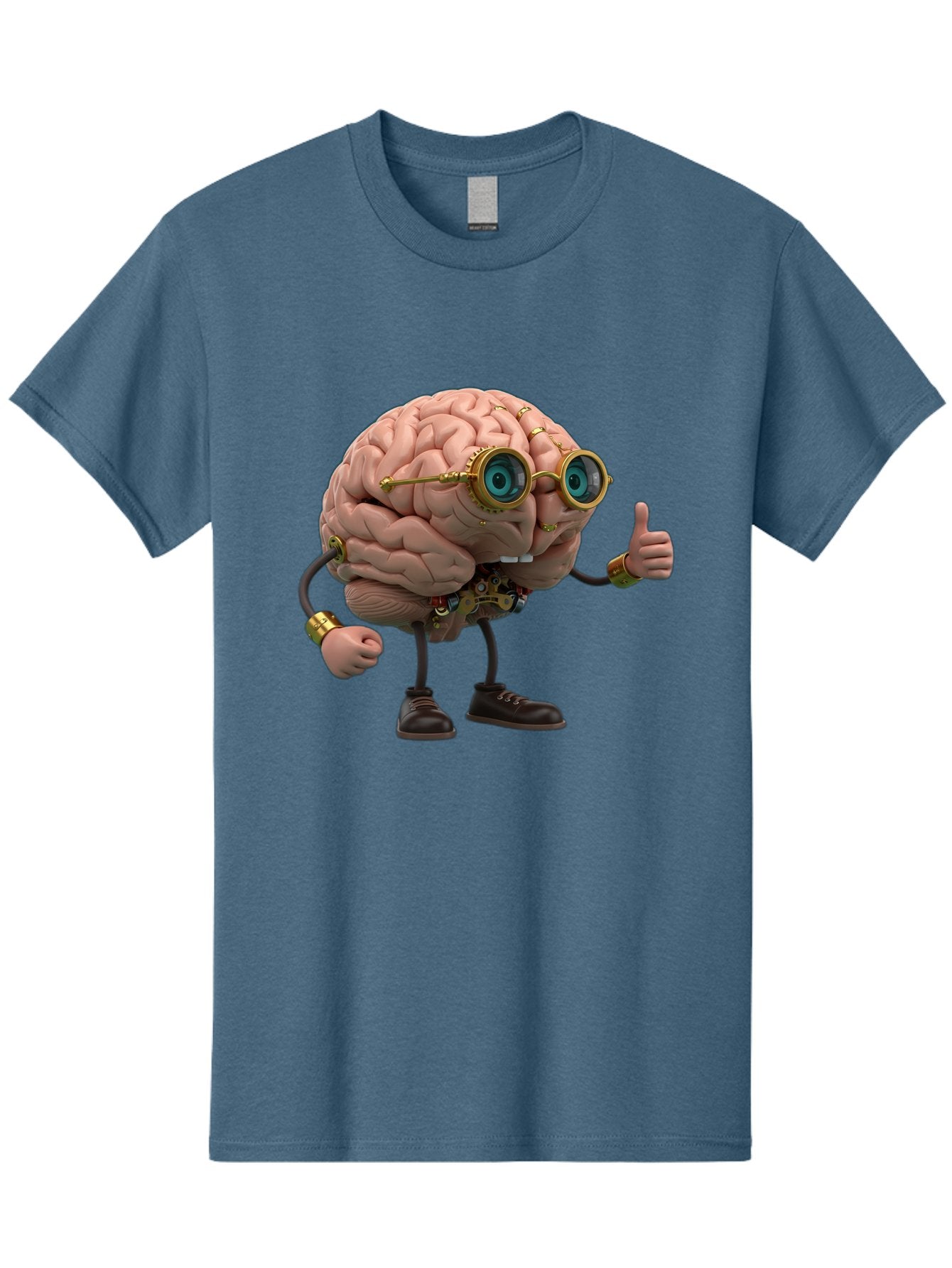Steampunk-Brain-Character Men'S Graphic Tee, 100% Cotton, Comfortable Casual Summer Wear, Machine Washable, Human Brain With Legs, Brain Character, Steampunk Style, Goggles On Brain, Thumbs Up, Creative Concept, Intelligent Design, Bae104 11