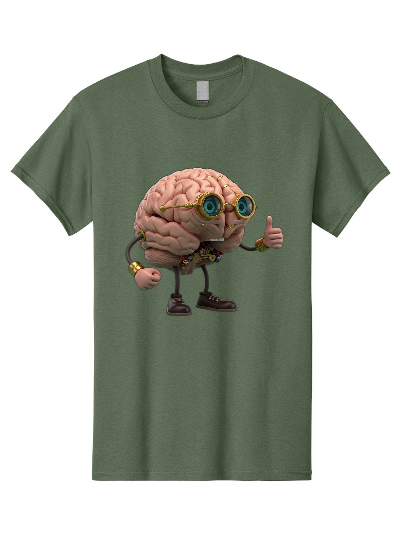 Steampunk-Brain-Character Men'S Graphic Tee, 100% Cotton, Comfortable Casual Summer Wear, Machine Washable, Human Brain With Legs, Brain Character, Steampunk Style, Goggles On Brain, Thumbs Up, Creative Concept, Intelligent Design, Bae104 13