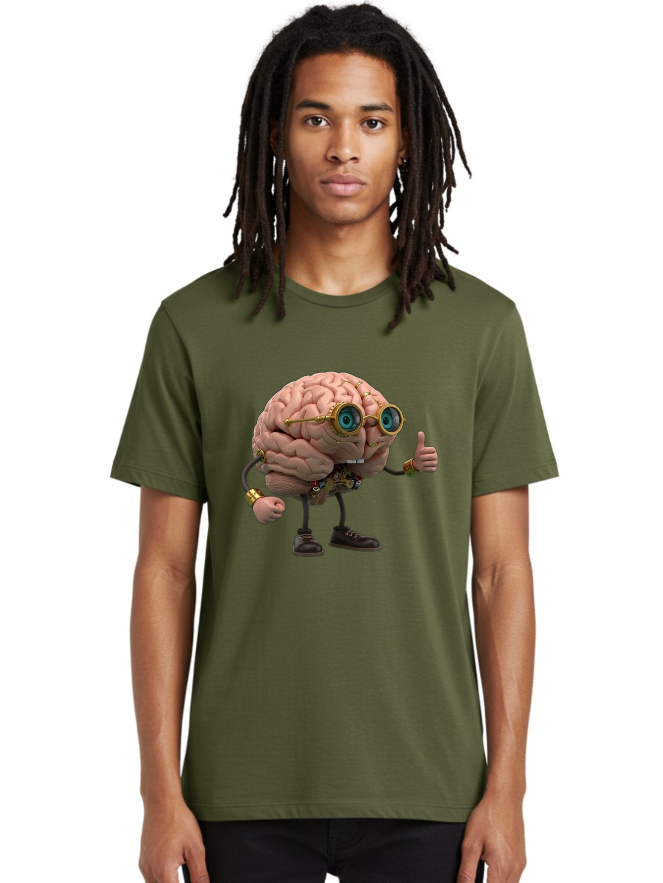 Steampunk-Brain-Character Men'S Graphic Tee, 100% Cotton, Comfortable Casual Summer Wear, Machine Washable, Human Brain With Legs, Brain Character, Steampunk Style, Goggles On Brain, Thumbs Up, Creative Concept, Intelligent Design, Bae104 20