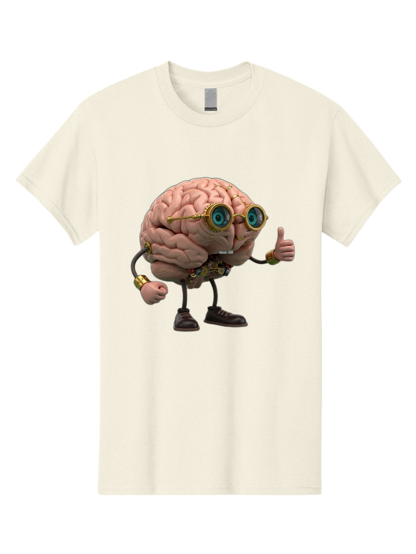 Steampunk-Brain-Character Men'S Graphic Tee, 100% Cotton, Comfortable Casual Summer Wear, Machine Washable, Human Brain With Legs, Brain Character, Steampunk Style, Goggles On Brain, Thumbs Up, Creative Concept, Intelligent Design, Bae104 4