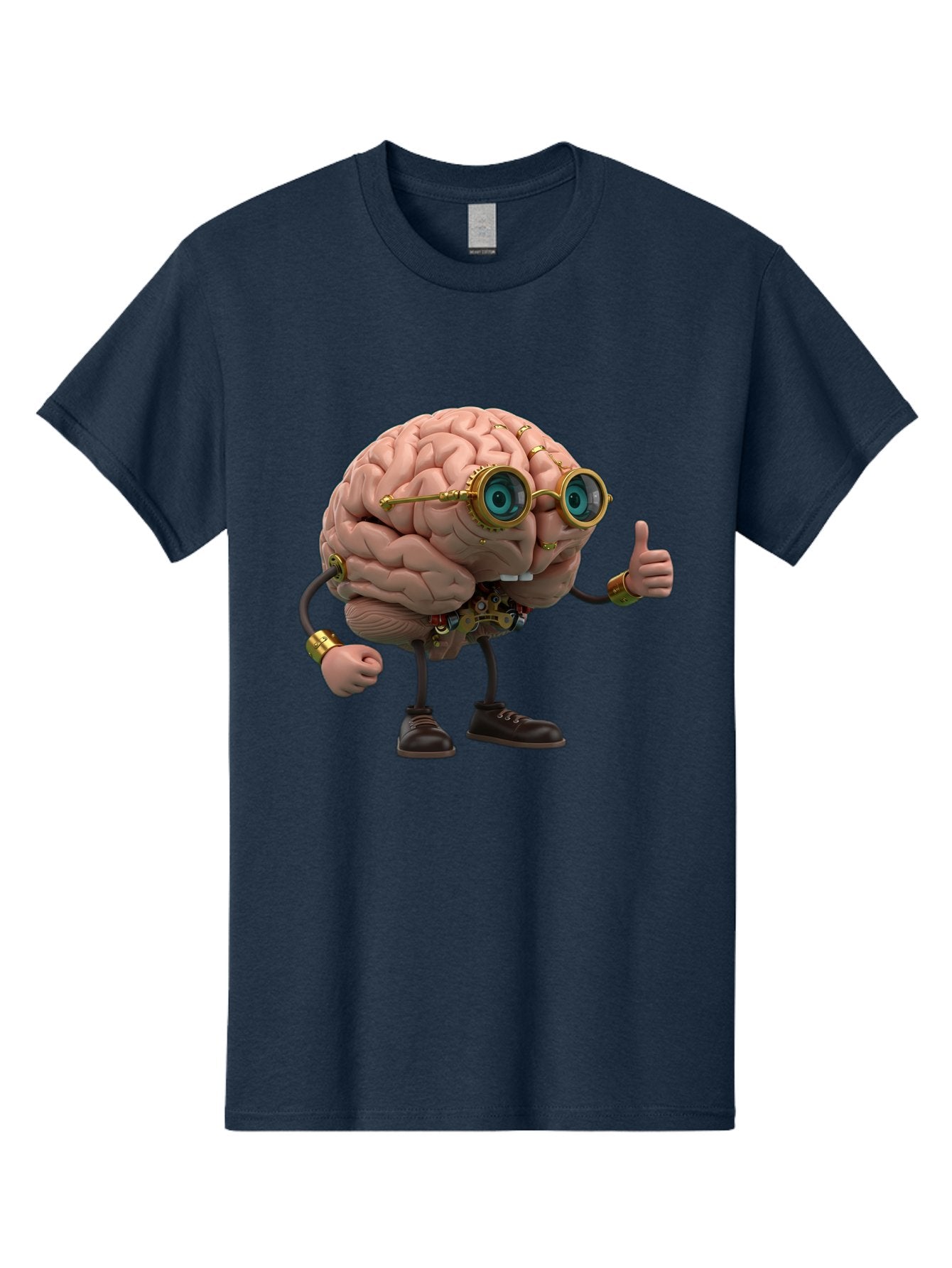 Steampunk-Brain-Character Men'S Graphic Tee, 100% Cotton, Comfortable Casual Summer Wear, Machine Washable, Human Brain With Legs, Brain Character, Steampunk Style, Goggles On Brain, Thumbs Up, Creative Concept, Intelligent Design, Bae104 15