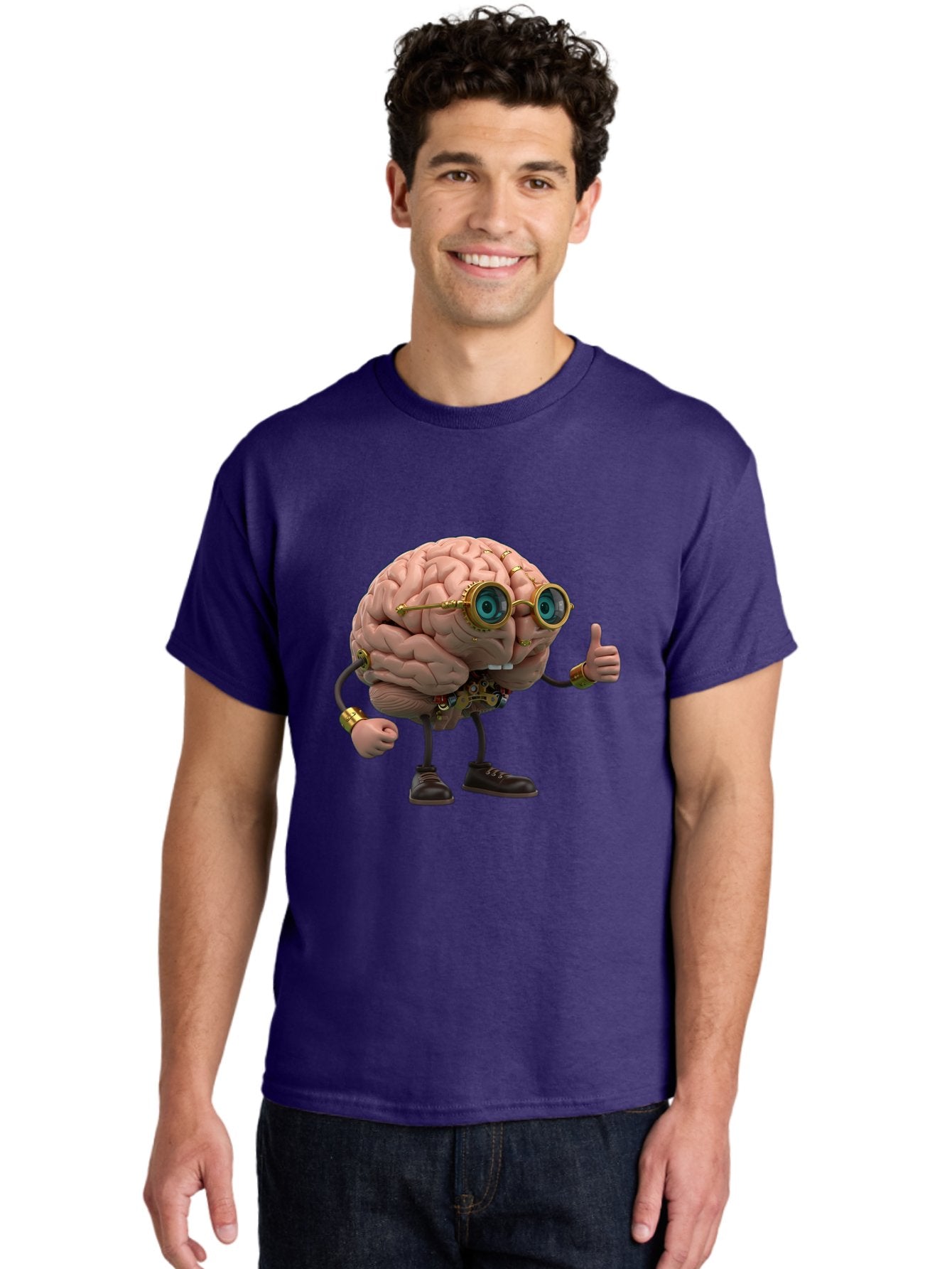 Steampunk-Brain-Character Men'S Graphic Tee, 100% Cotton, Comfortable Casual Summer Wear, Machine Washable, Human Brain With Legs, Brain Character, Steampunk Style, Goggles On Brain, Thumbs Up, Creative Concept, Intelligent Design, Bae104 26