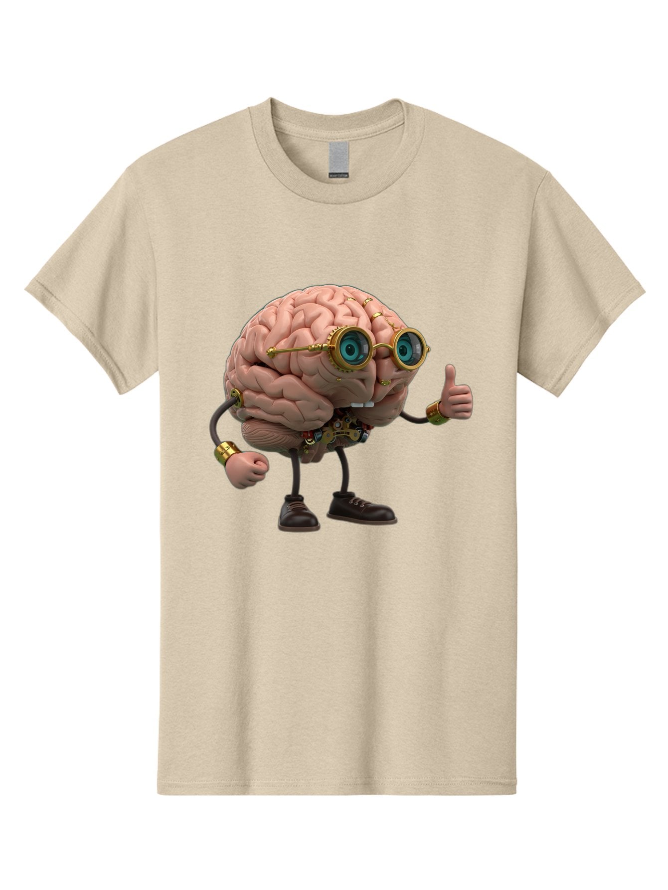 Steampunk-Brain-Character Men'S Graphic Tee, 100% Cotton, Comfortable Casual Summer Wear, Machine Washable, Human Brain With Legs, Brain Character, Steampunk Style, Goggles On Brain, Thumbs Up, Creative Concept, Intelligent Design, Bae104 7