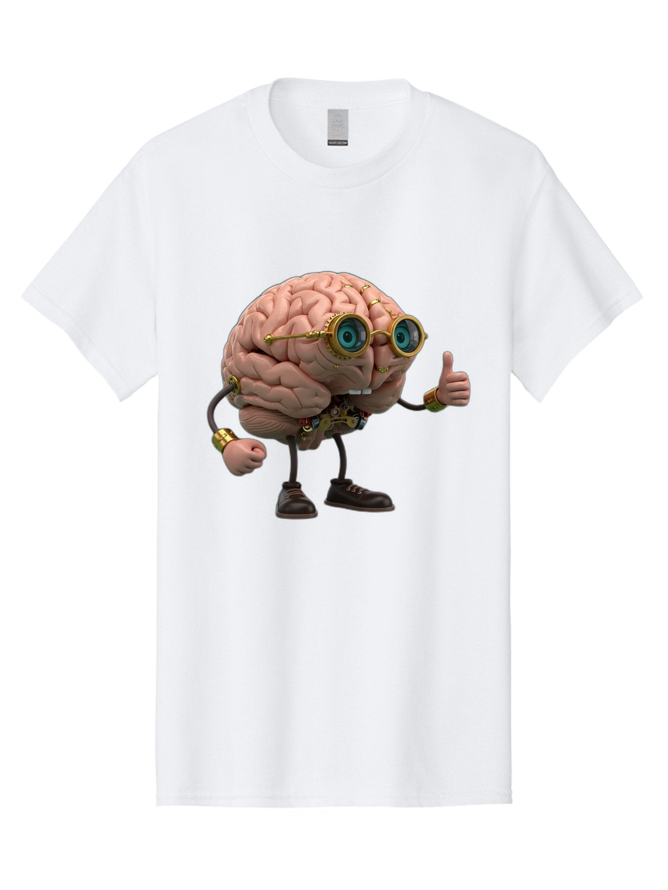 Steampunk-Brain-Character Men'S Graphic Tee, 100% Cotton, Comfortable Casual Summer Wear, Machine Washable, Human Brain With Legs, Brain Character, Steampunk Style, Goggles On Brain, Thumbs Up, Creative Concept, Intelligent Design, Bae104 10
