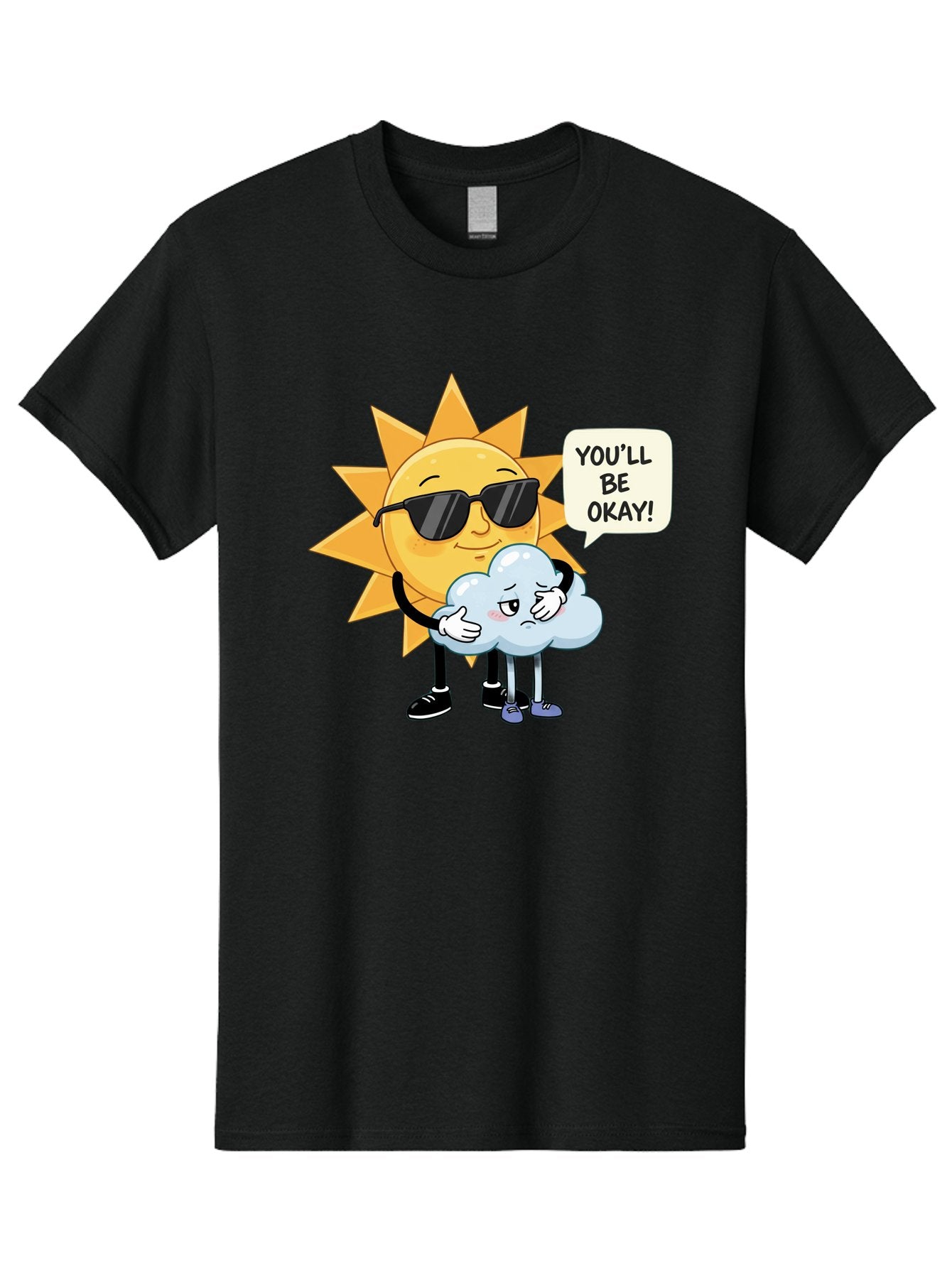 Sun-Comforting-Cloud Men'S Graphic Tee, 100% Cotton, Comfortable Casual Summer Wear, Machine Washable, Sun Wearing Sunglasses, Comforting A Sad Cloud, You'Ll Be Okay!, Emotional Support, Cartoon Characters, Positive Vibes, Bae105