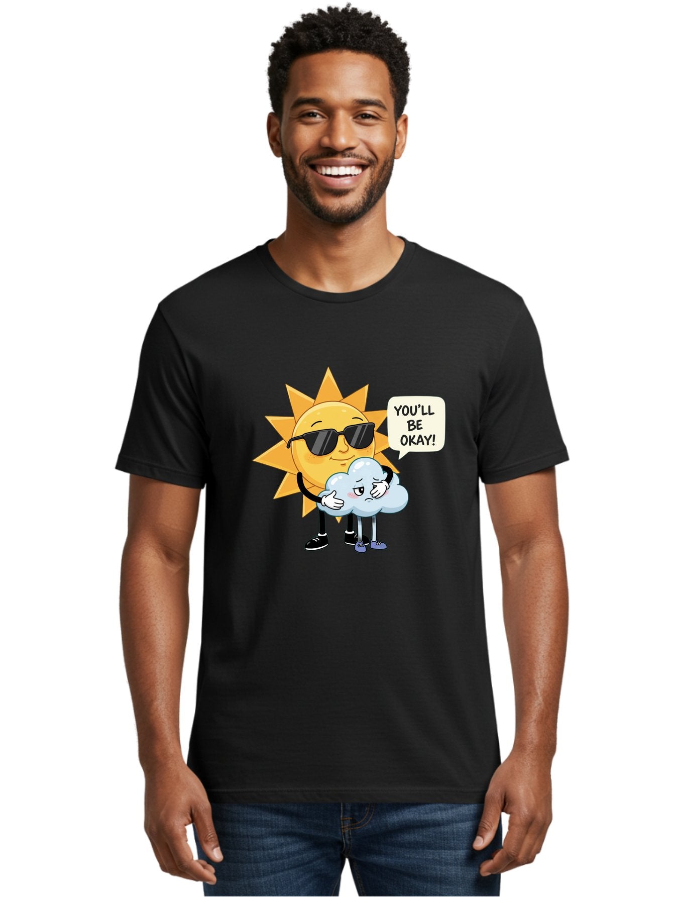 Sun-Comforting-Cloud Men'S Graphic Tee, 100% Cotton, Comfortable Casual Summer Wear, Machine Washable, Sun Wearing Sunglasses, Comforting A Sad Cloud, You'Ll Be Okay!, Emotional Support, Cartoon Characters, Positive Vibes, Bae105 21