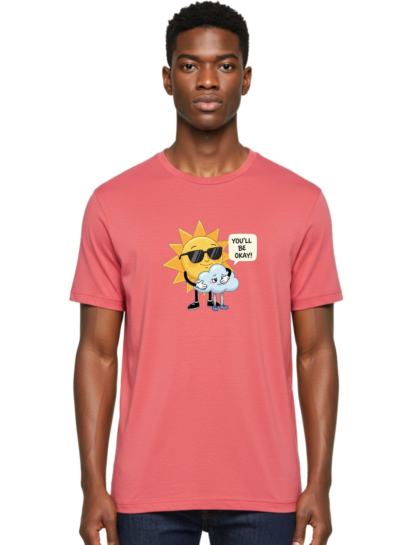 Sun-Comforting-Cloud Men'S Graphic Tee, 100% Cotton, Comfortable Casual Summer Wear, Machine Washable, Sun Wearing Sunglasses, Comforting A Sad Cloud, You'Ll Be Okay!, Emotional Support, Cartoon Characters, Positive Vibes, Bae105 24