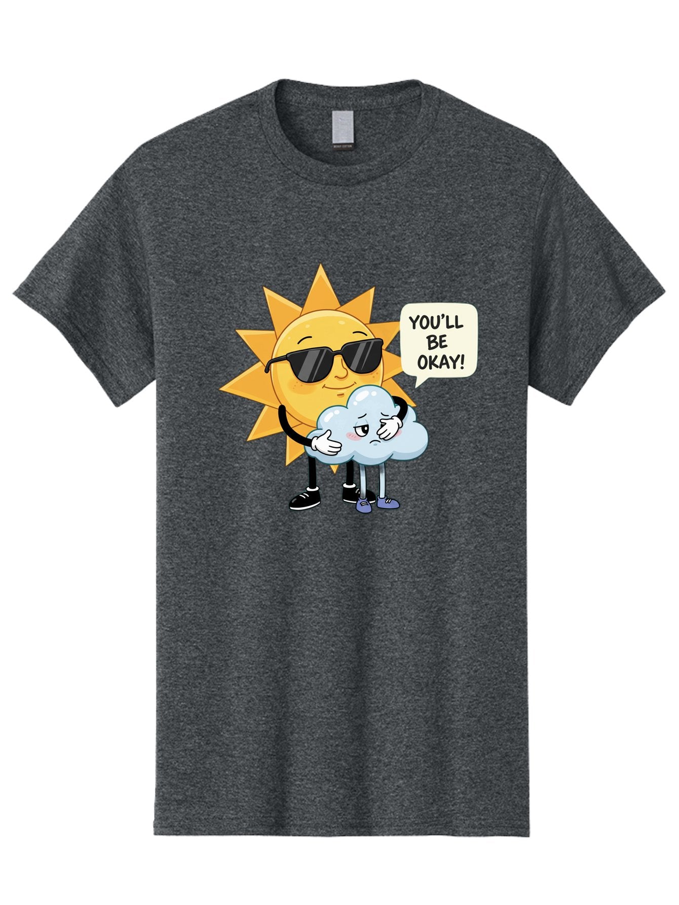 Sun-Comforting-Cloud Men'S Graphic Tee, 100% Cotton, Comfortable Casual Summer Wear, Machine Washable, Sun Wearing Sunglasses, Comforting A Sad Cloud, You'Ll Be Okay!, Emotional Support, Cartoon Characters, Positive Vibes, Bae105 7