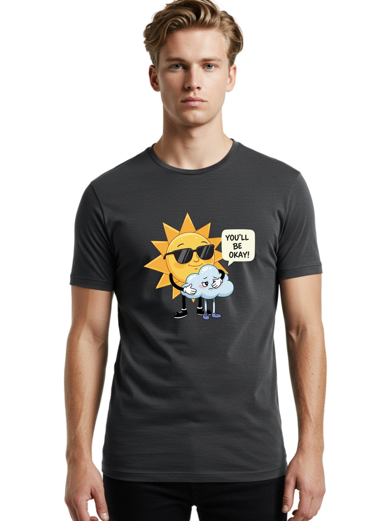 Sun-Comforting-Cloud Men'S Graphic Tee, 100% Cotton, Comfortable Casual Summer Wear, Machine Washable, Sun Wearing Sunglasses, Comforting A Sad Cloud, You'Ll Be Okay!, Emotional Support, Cartoon Characters, Positive Vibes, Bae105 16