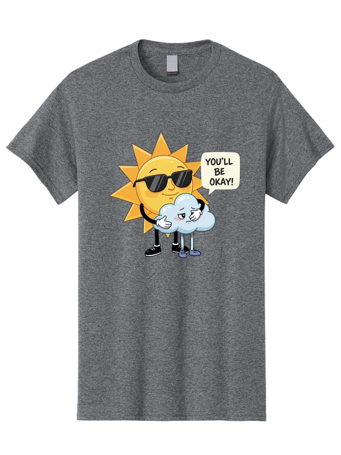 Sun-Comforting-Cloud Men'S Graphic Tee, 100% Cotton, Comfortable Casual Summer Wear, Machine Washable, Sun Wearing Sunglasses, Comforting A Sad Cloud, You'Ll Be Okay!, Emotional Support, Cartoon Characters, Positive Vibes, Bae105 10