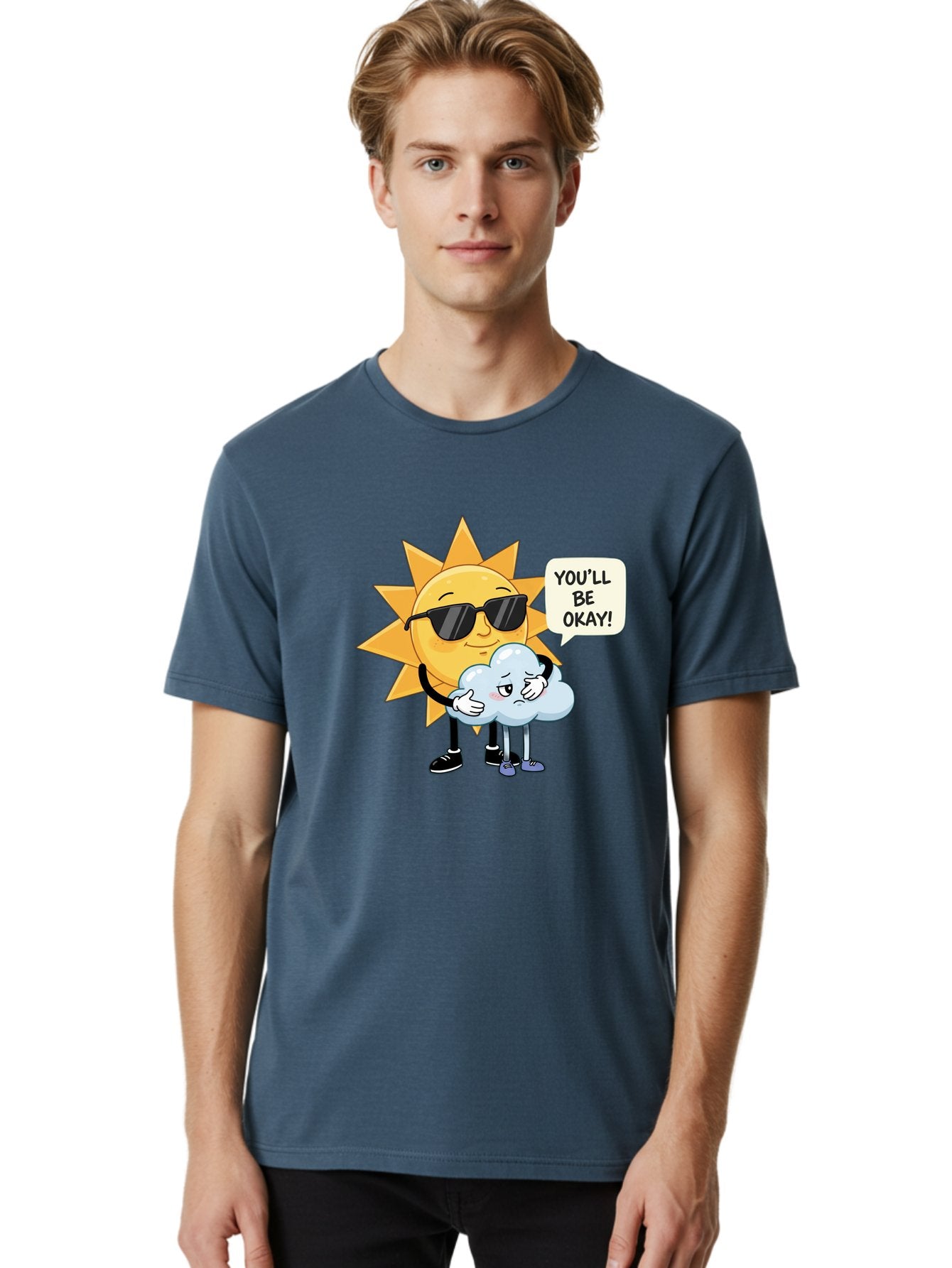 Sun-Comforting-Cloud Men'S Graphic Tee, 100% Cotton, Comfortable Casual Summer Wear, Machine Washable, Sun Wearing Sunglasses, Comforting A Sad Cloud, You'Ll Be Okay!, Emotional Support, Cartoon Characters, Positive Vibes, Bae105 25